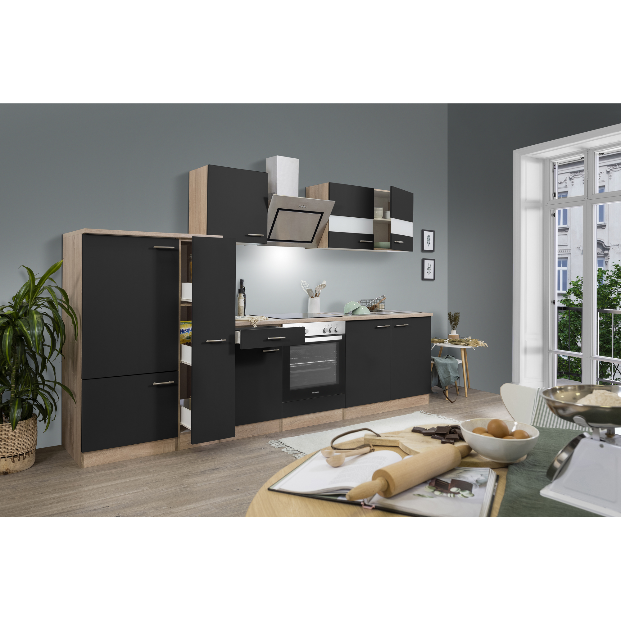 Küchenzeile 'Merle' mit E-Geräten KB300ESSSC schwarz/eichefarben 300 cm