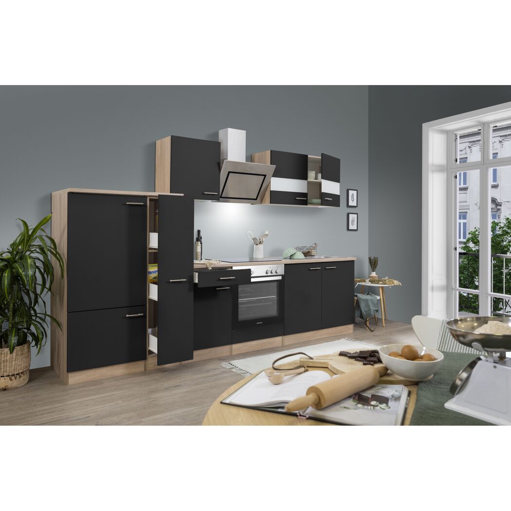 Küchenzeile 'Merle' mit E-Geräten KB300ESSSC schwarz/eichefarben 300 cm