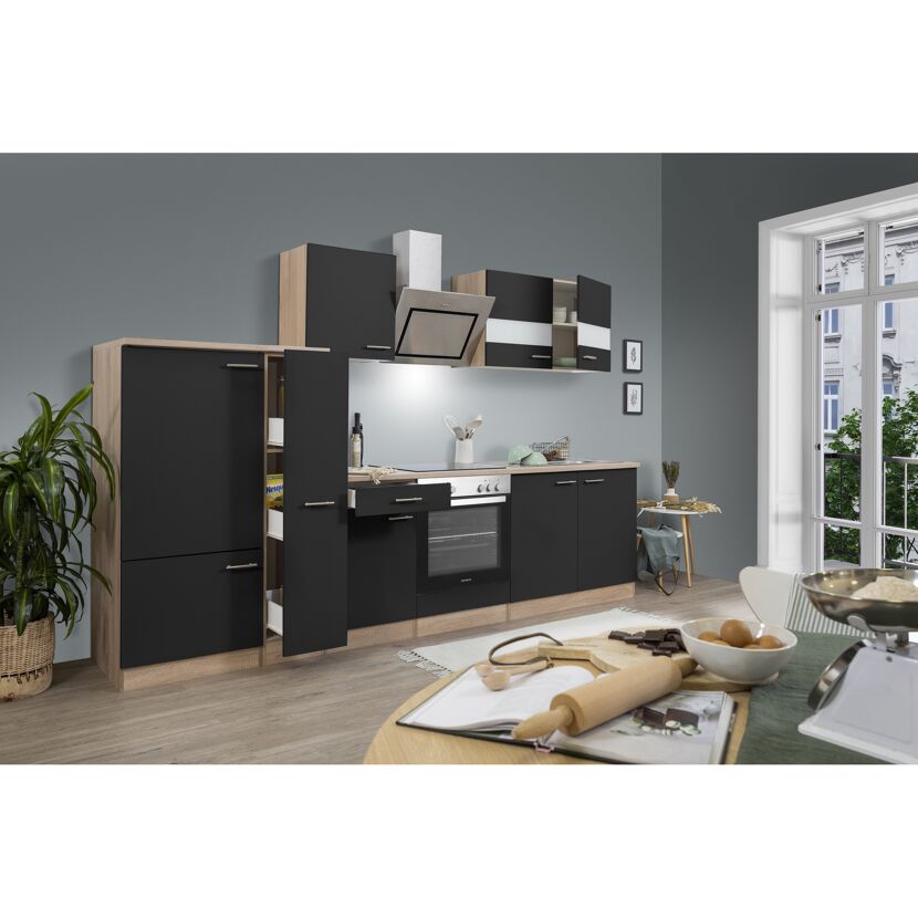 Küchenzeile 'Merle' mit E-Geräten KB300ESSSC schwarz/eichefarben 300 cm