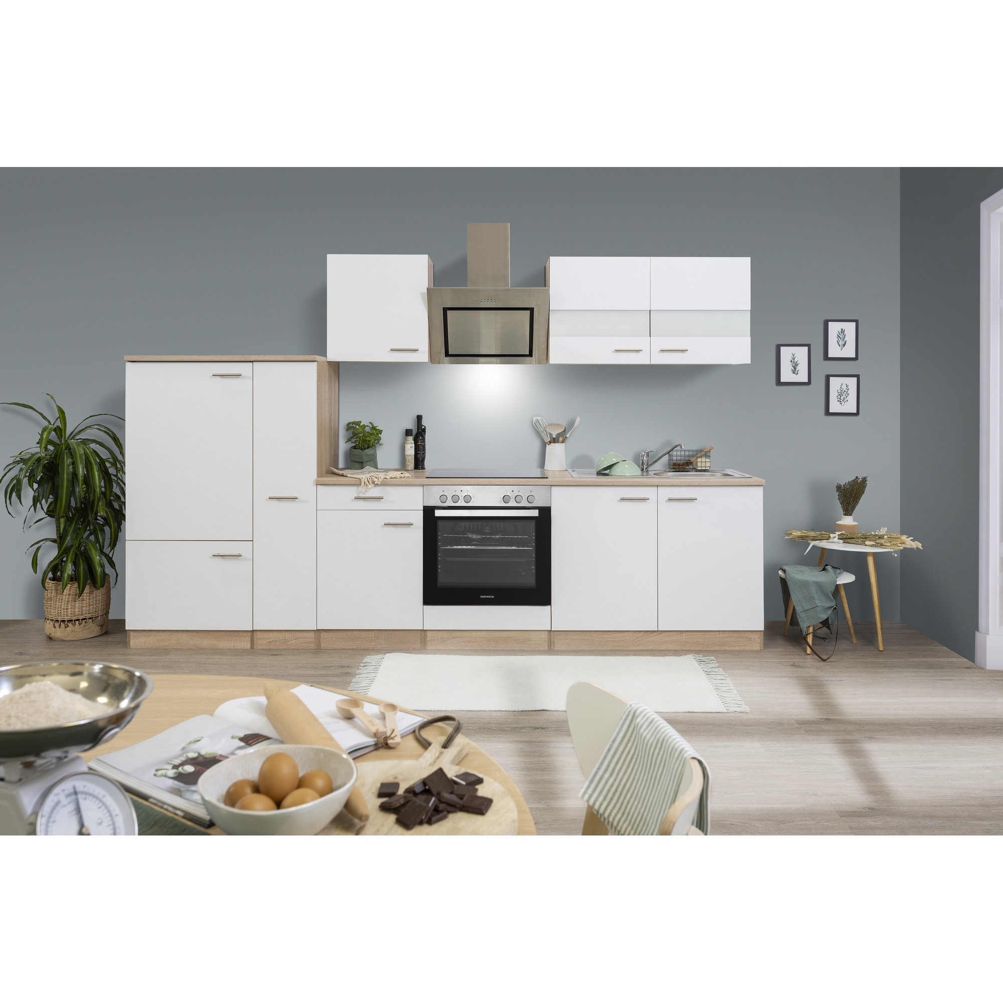 Küchenzeile 'Merle' mit E-Geräten KB300ESWSC weiß/eichefarben 300 cm