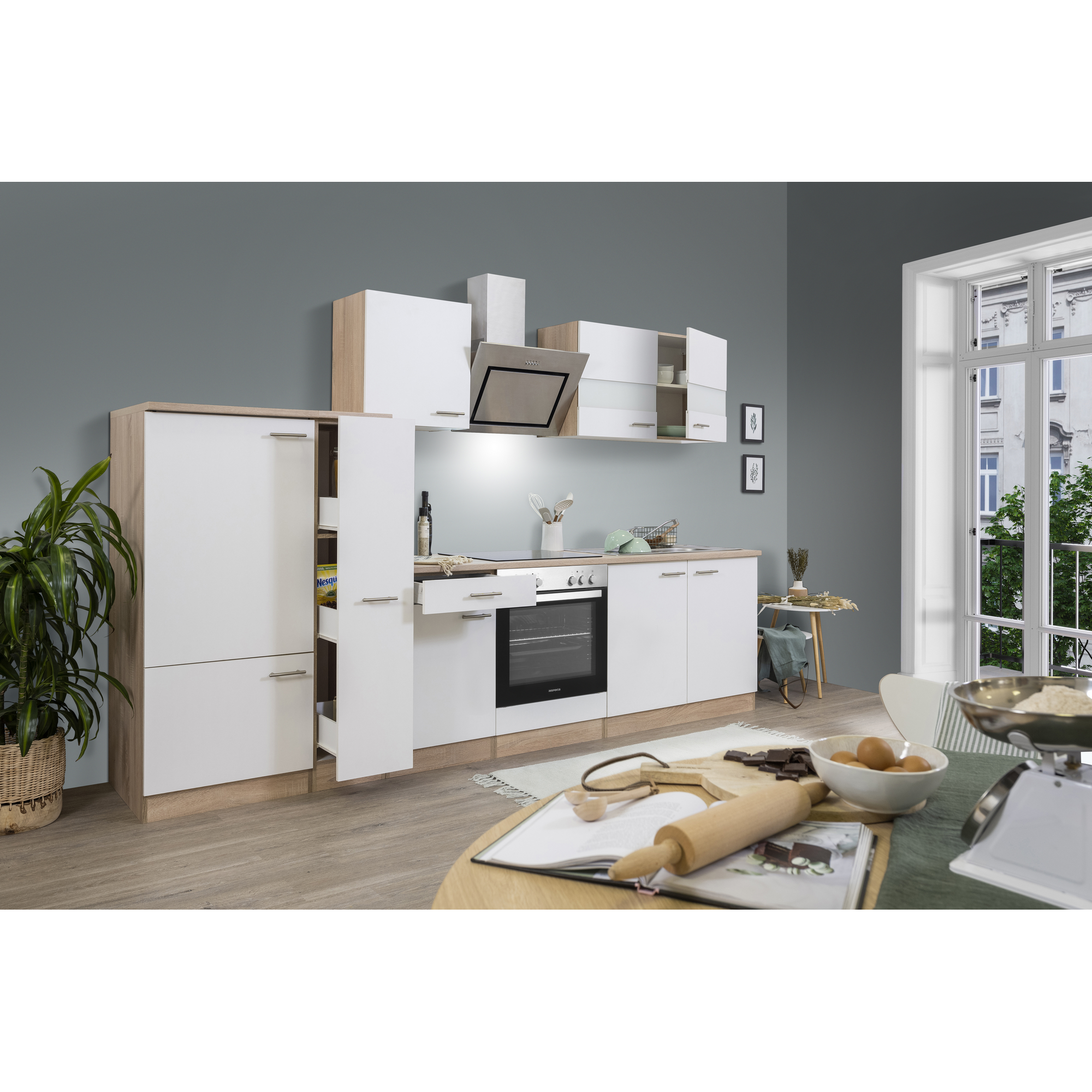 Küchenzeile 'Merle' mit E-Geräten KB300ESWSC weiß/eichefarben 300 cm