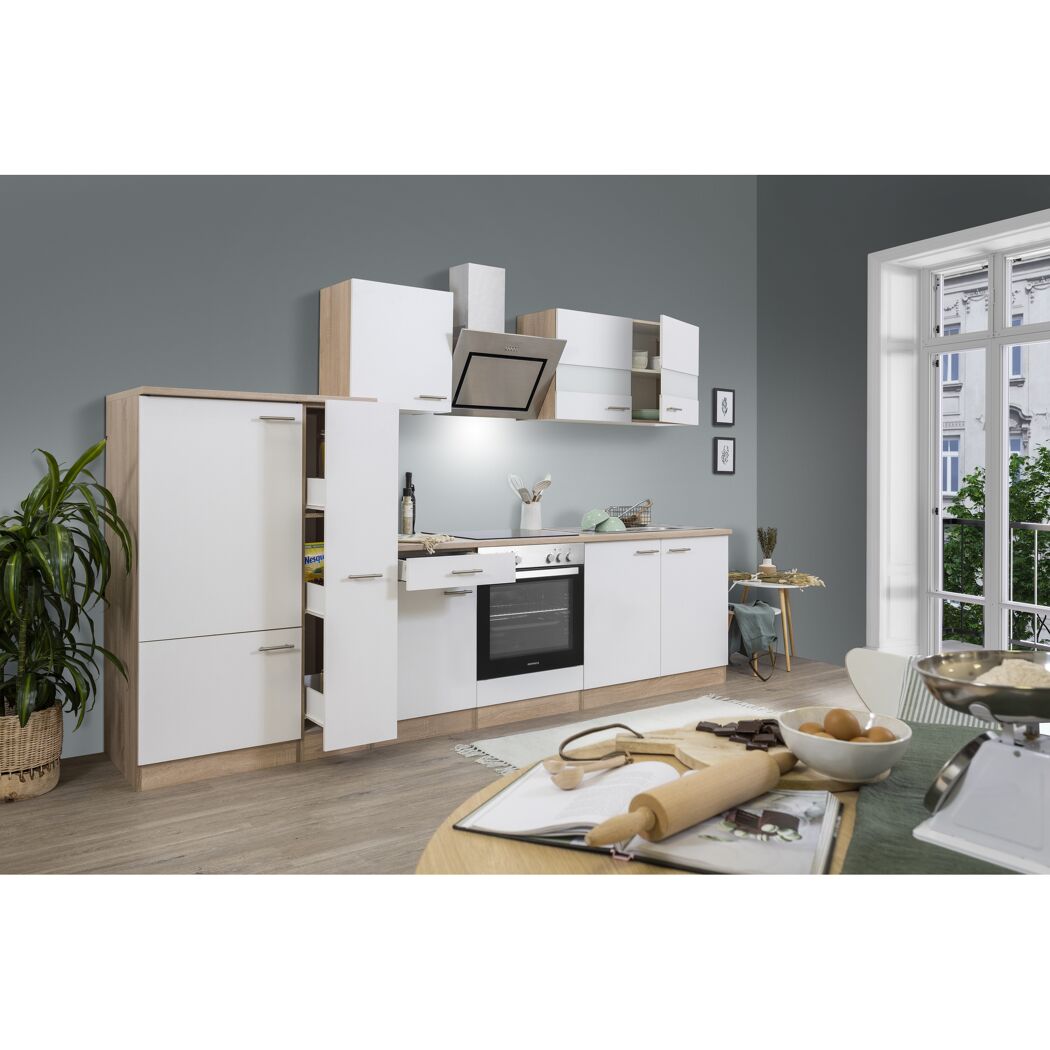 Küchenzeile 'Merle' mit E-Geräten KB300ESWSC weiß/eichefarben 300 cm