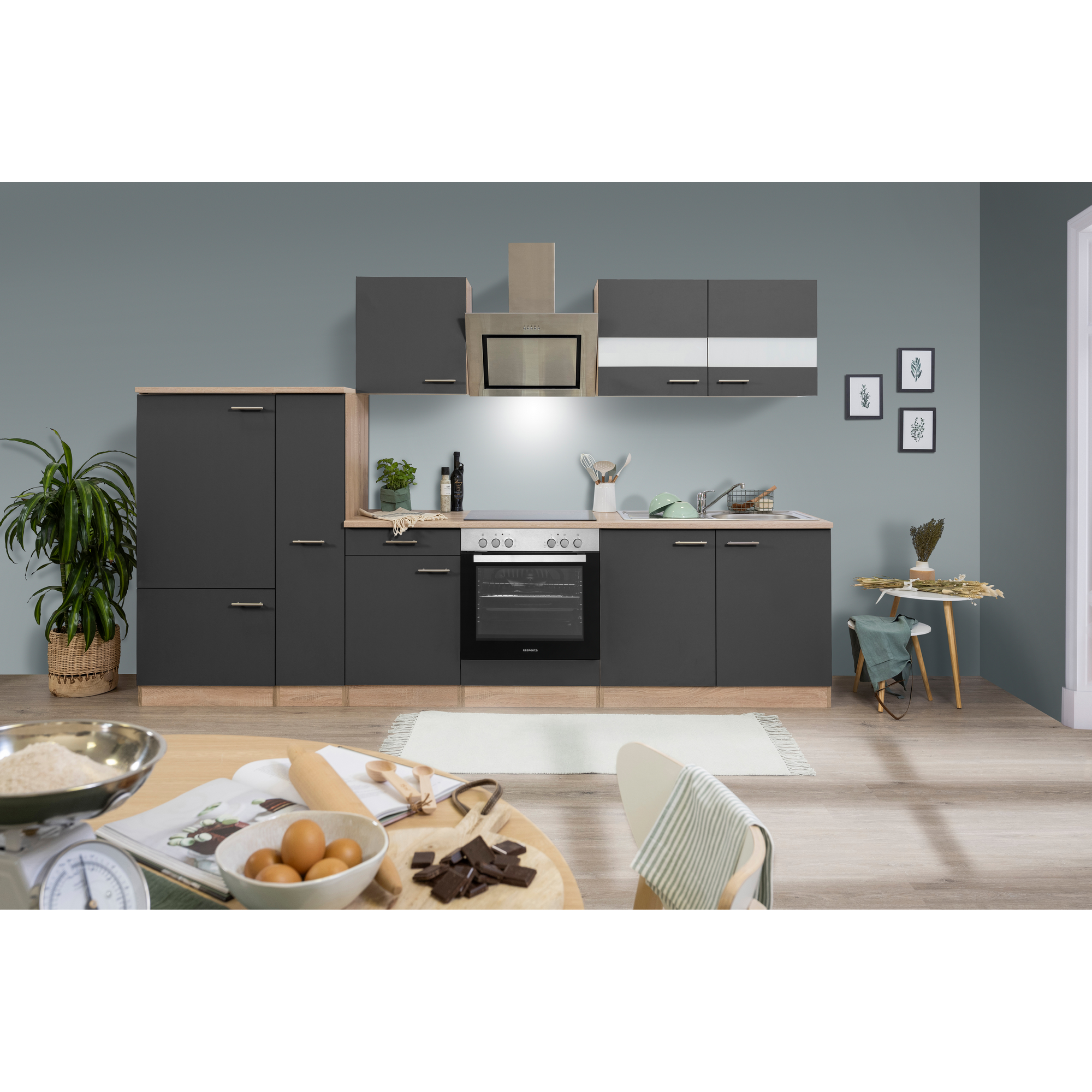 Küchenzeile 'Merle' mit E-Geräten KB300ESGSC grau/eichefarben 300 cm