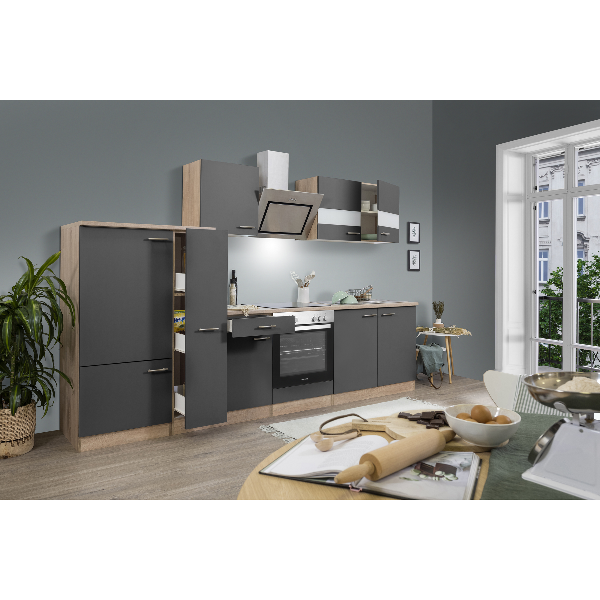 Küchenzeile 'Merle' mit E-Geräten KB300ESGSC grau/eichefarben 300 cm