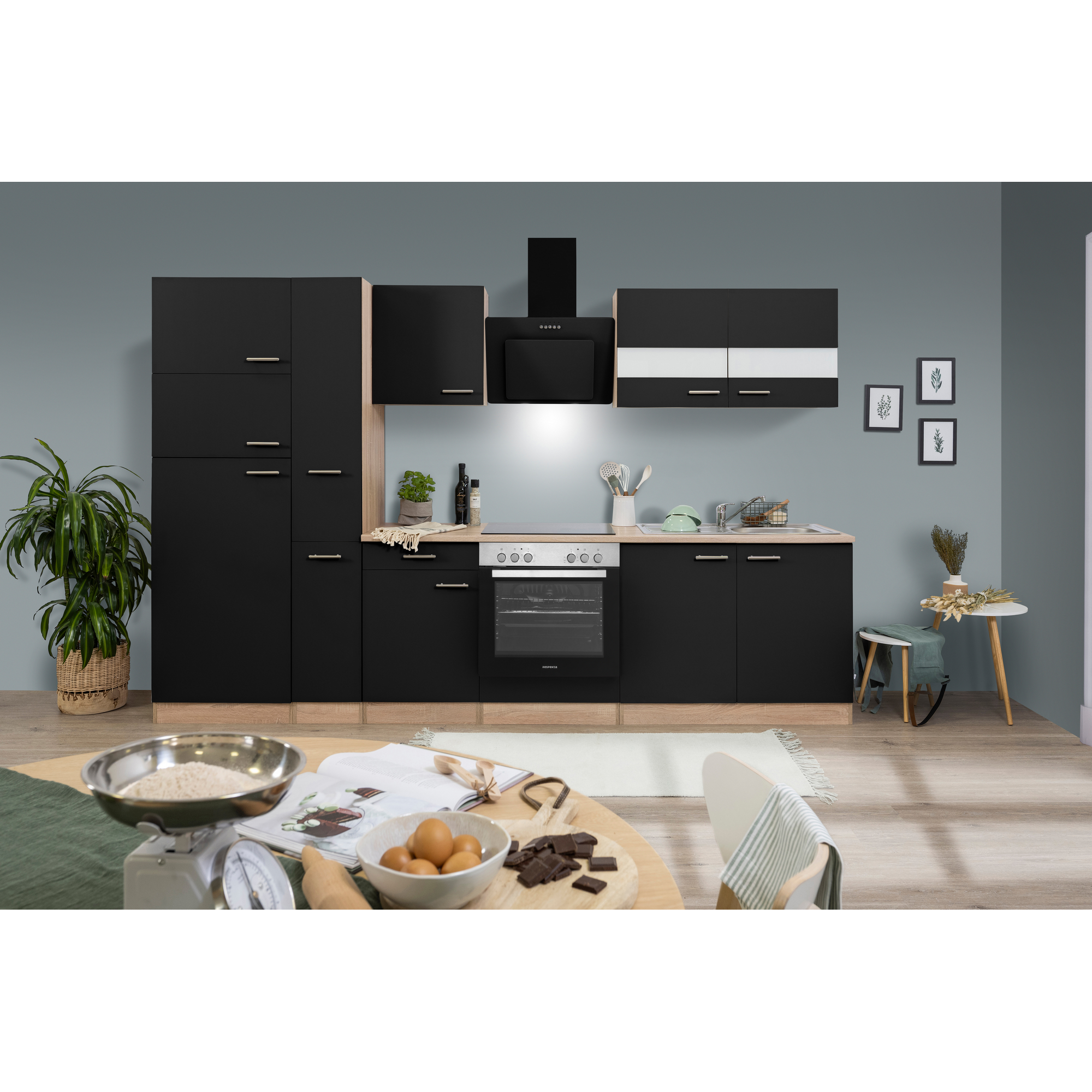 Küchenzeile 'Merle' mit E-Geräten KB300ESSCGKE schwarz/eichefarben 300 cm