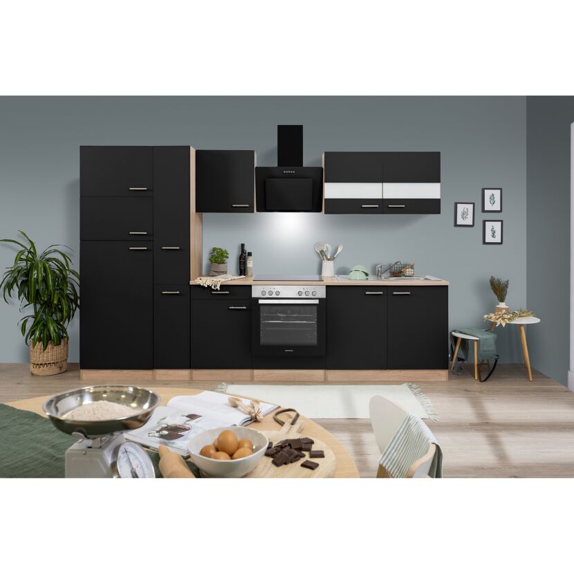 Küchenzeile 'Merle' mit E-Geräten KB300ESSCGKE schwarz/eichefarben 300 cm