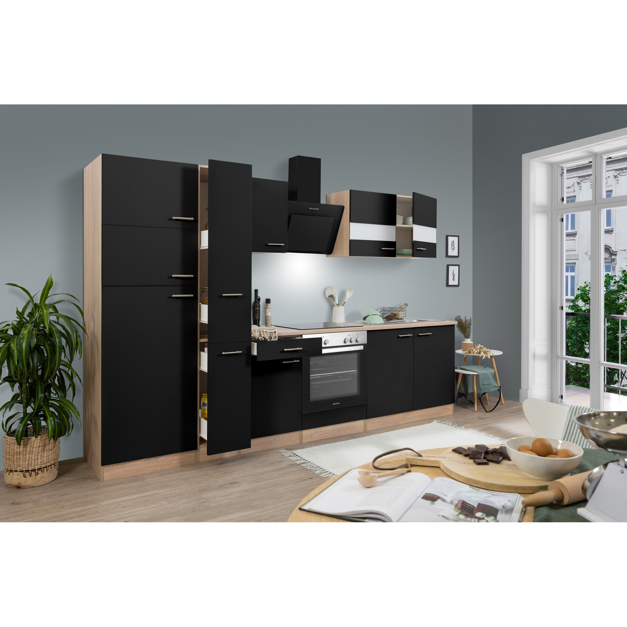 Küchenzeile 'Merle' mit E-Geräten KB300ESSCGKE schwarz/eichefarben 300 cm