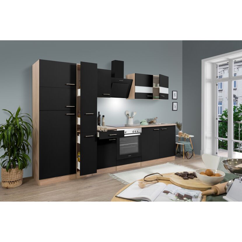 Küchenzeile 'Merle' mit E-Geräten KB300ESSCGKE schwarz/eichefarben 300 cm