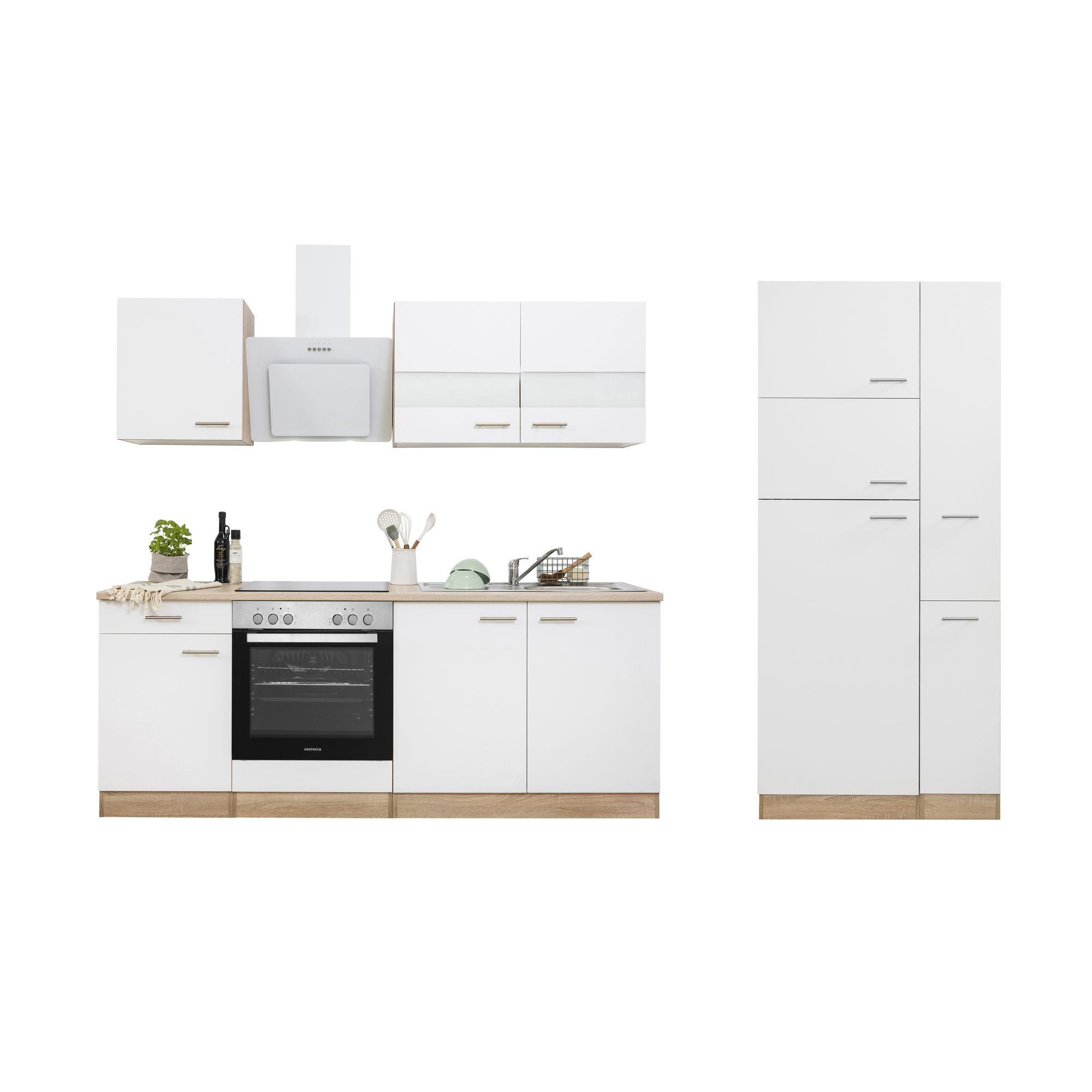 Küchenzeile 'Merle' mit E-Geräten KB300ESWCGKE weiß/eichefarben 300 cm