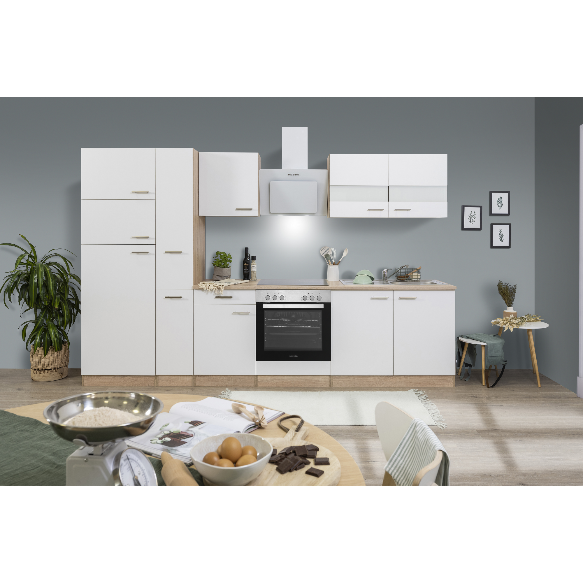 Küchenzeile 'Merle' mit E-Geräten KB300ESWCGKE weiß/eichefarben 300 cm