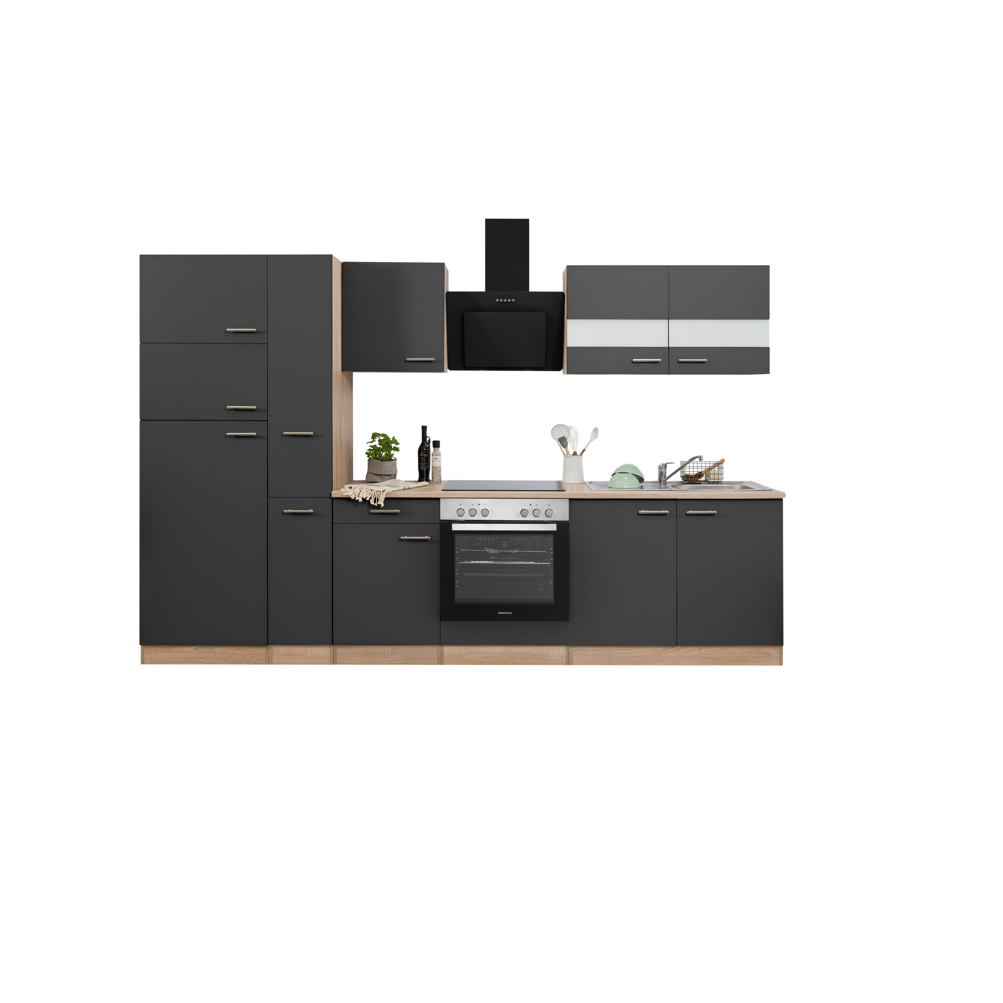 Küchenzeile 'Merle' mit E-Geräten KB300ESGCGKE grau/eichefarben 300 cm