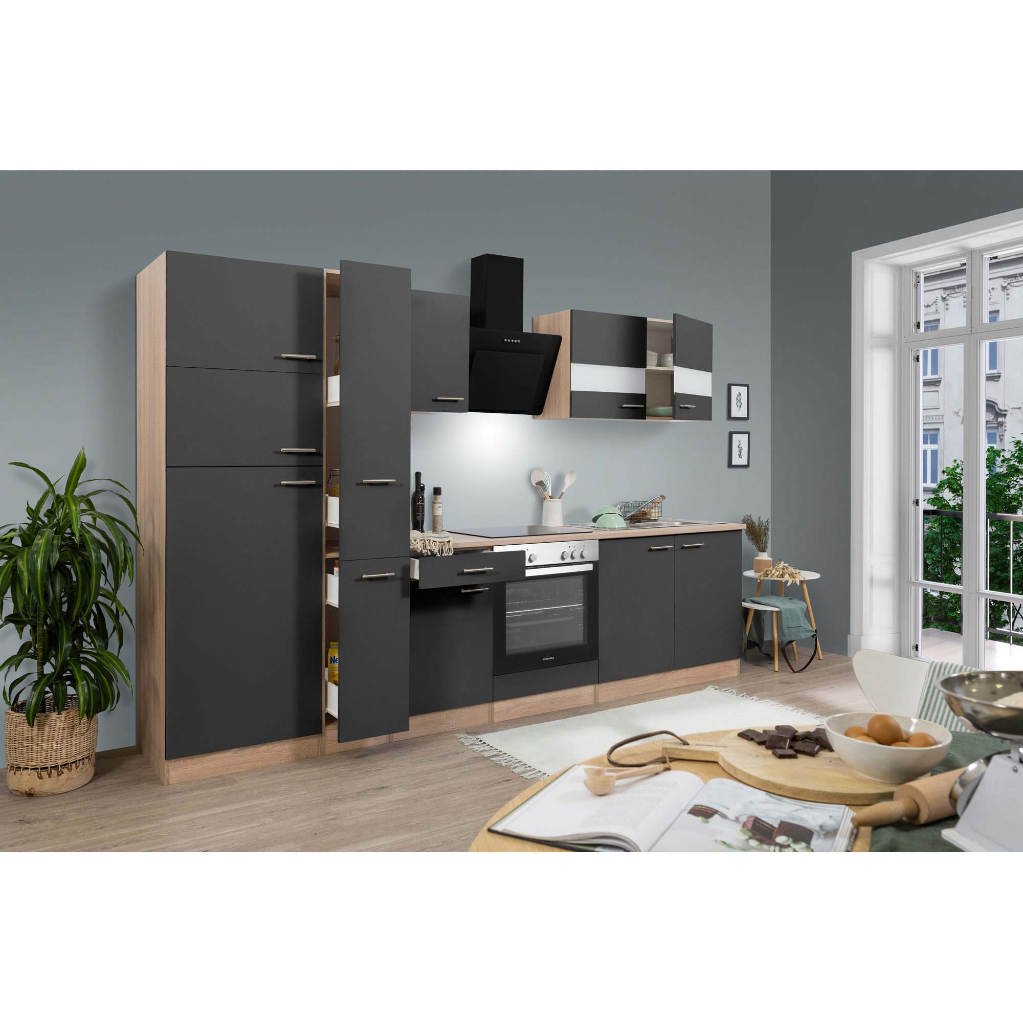 Küchenzeile 'Merle' mit E-Geräten KB300ESGCGKE grau/eichefarben 300 cm