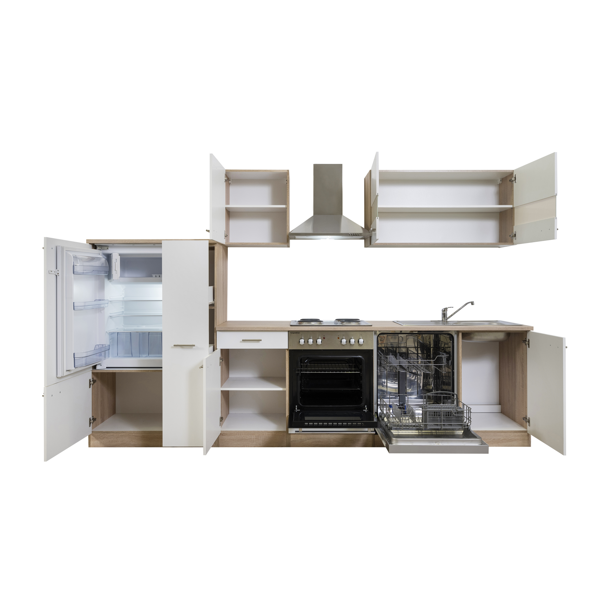 Küchenzeile 'Merle' mit E-Geräten KB310ESW weiß/eichefarben 310 cm