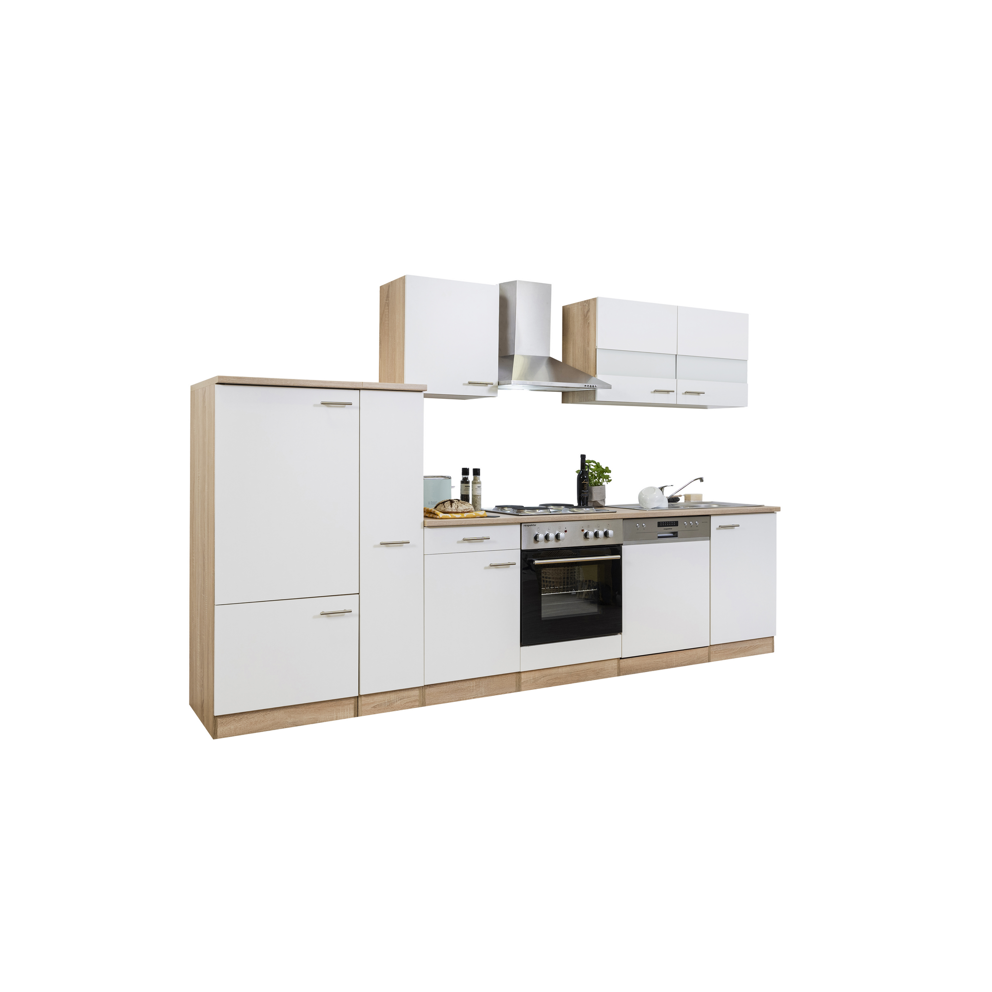 Küchenzeile 'Merle' mit E-Geräten KB310ESW weiß/eichefarben 310 cm