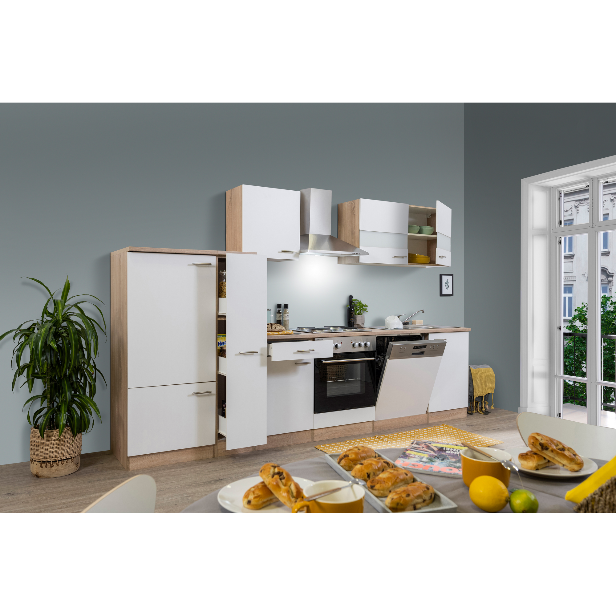 Küchenzeile 'Merle' mit E-Geräten KB310ESW weiß/eichefarben 310 cm