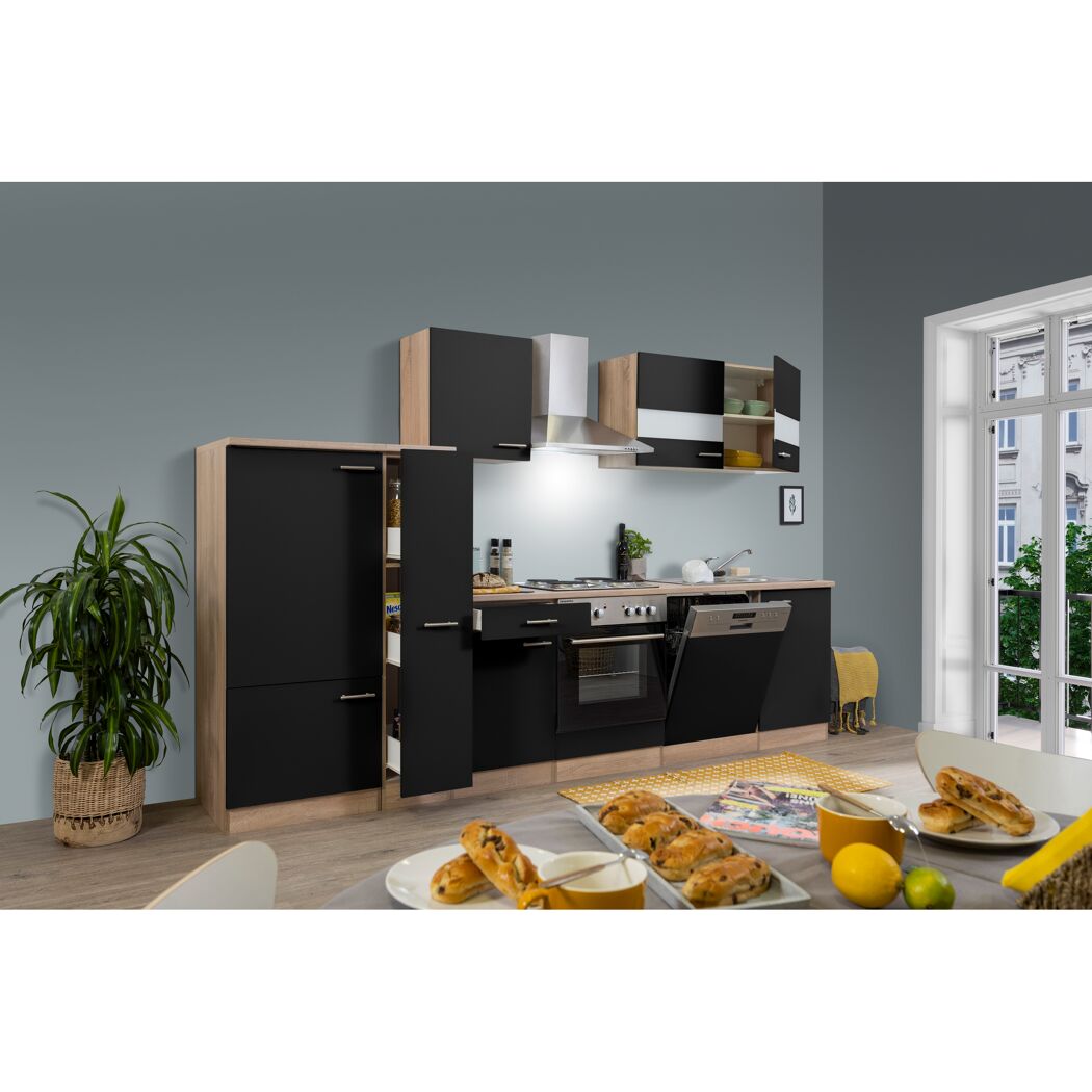 Küchenzeile 'Merle' mit E-Geräten KB310ESS schwarz/eichefarben 310 cm