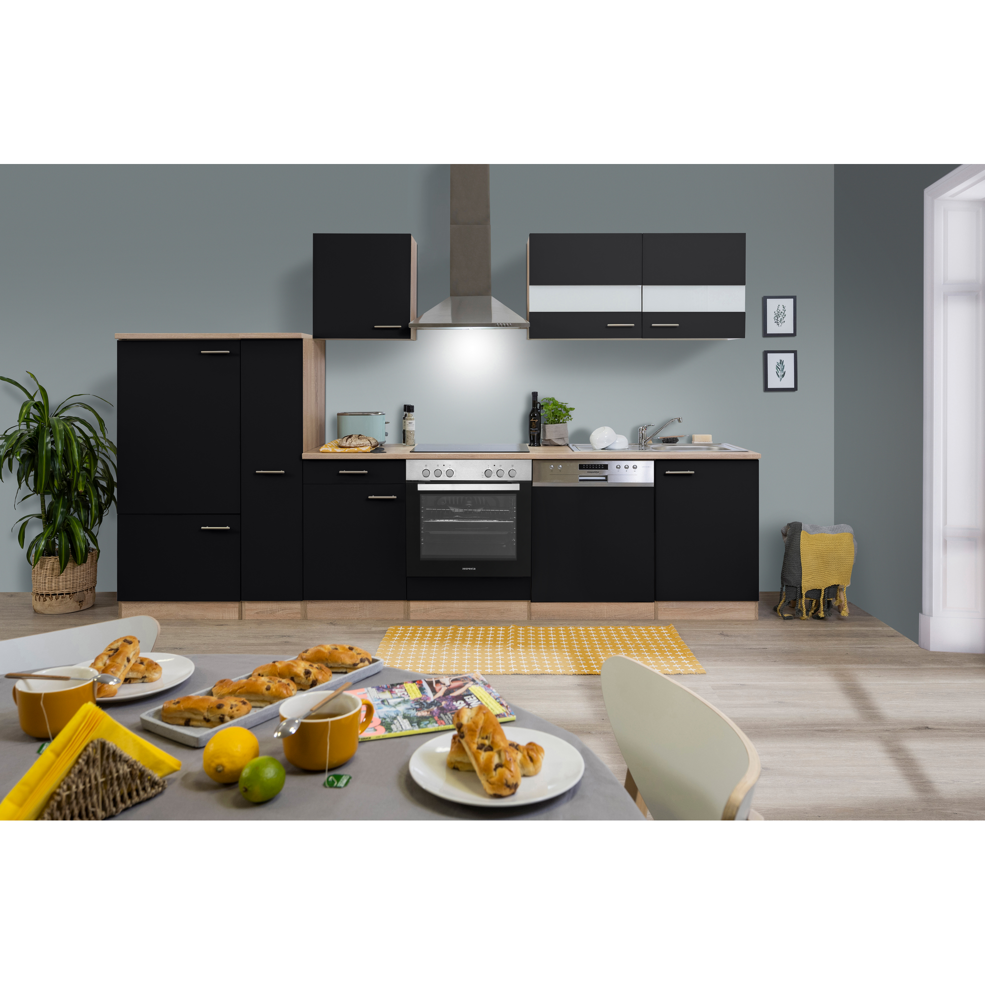 Küchenzeile 'Merle' mit E-Geräten KB310WWBL schwarz/eichefarben 310 cm