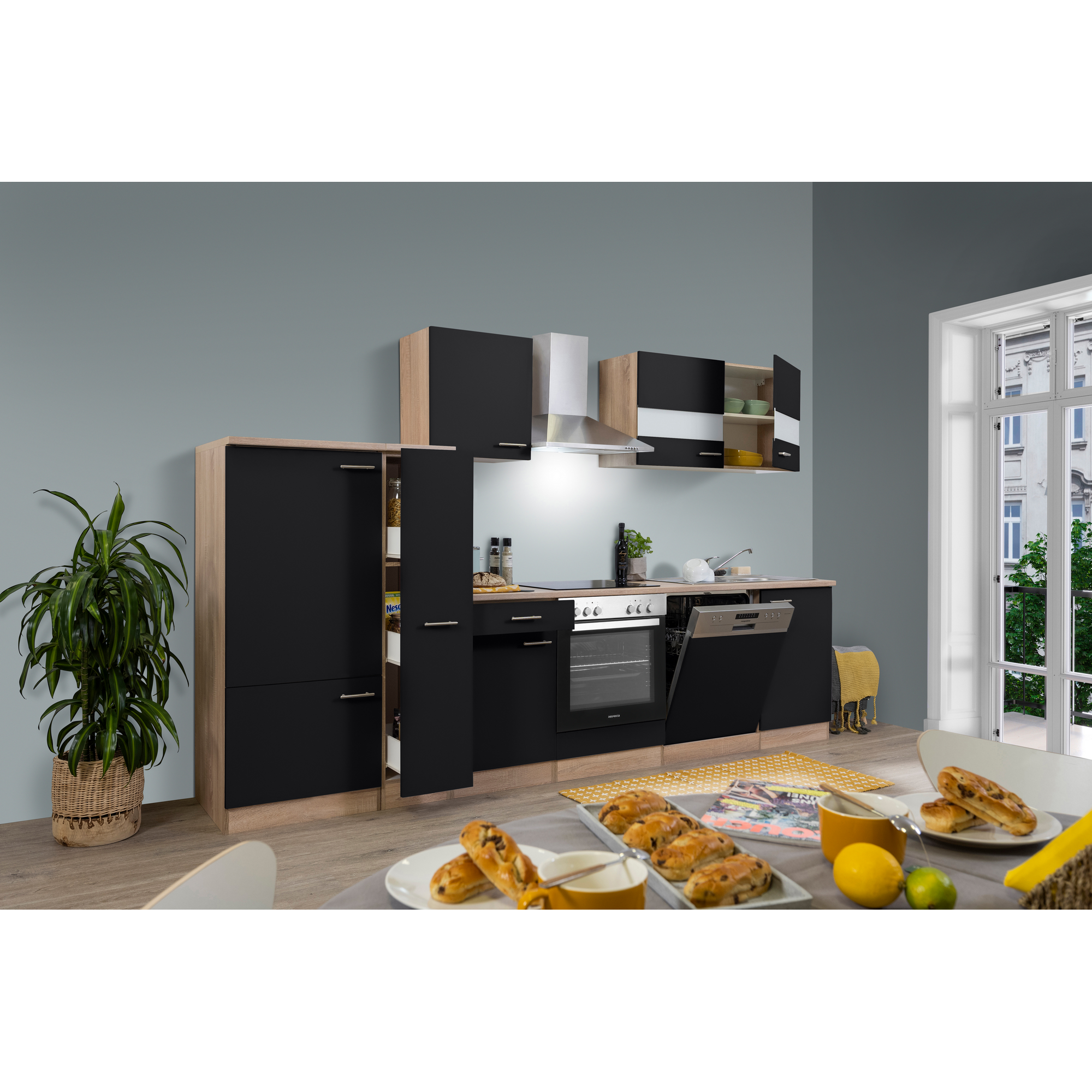 Küchenzeile 'Merle' mit E-Geräten KB310WWBL schwarz/eichefarben 310 cm