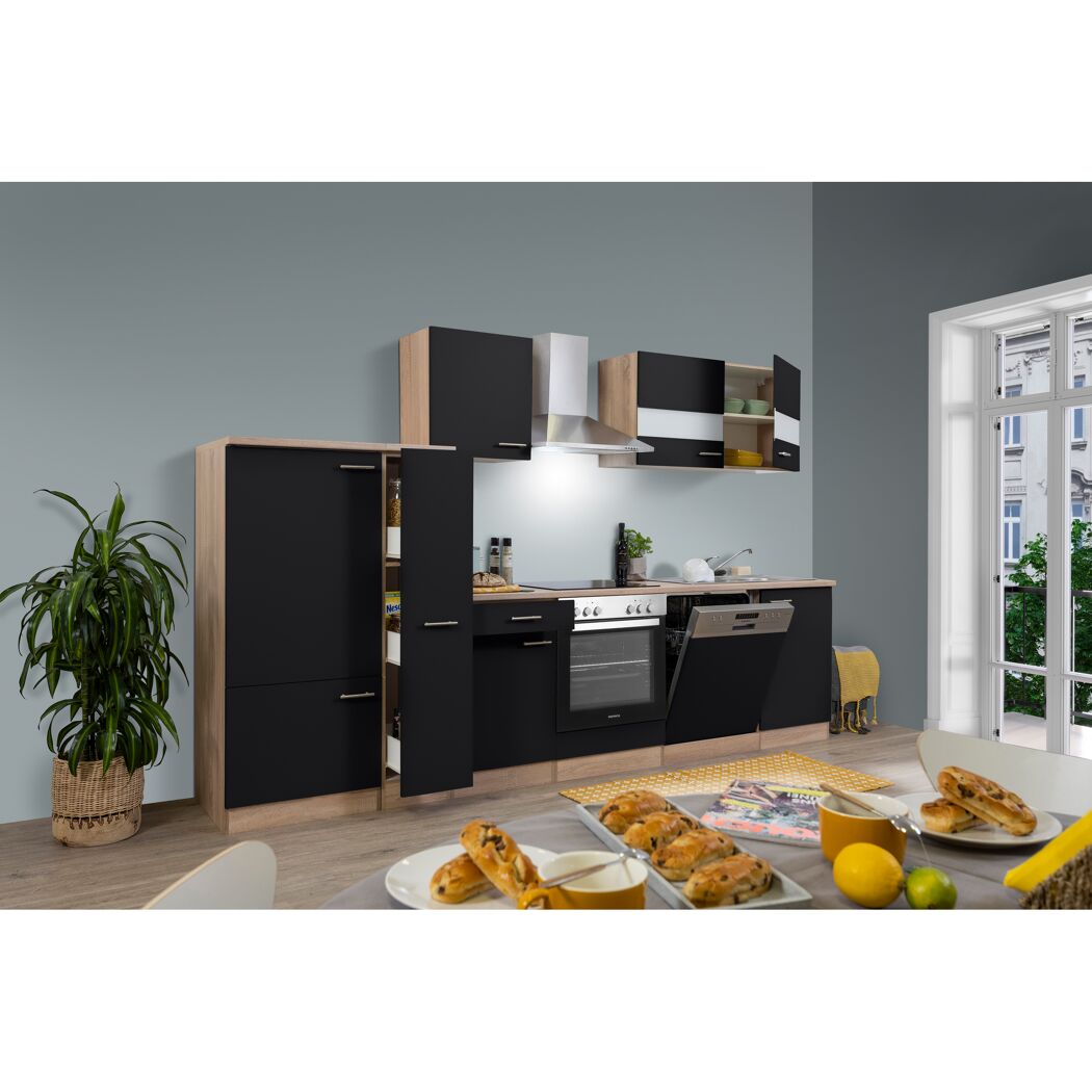 Küchenzeile 'Merle' mit E-Geräten KB310WWBL schwarz/eichefarben 310 cm