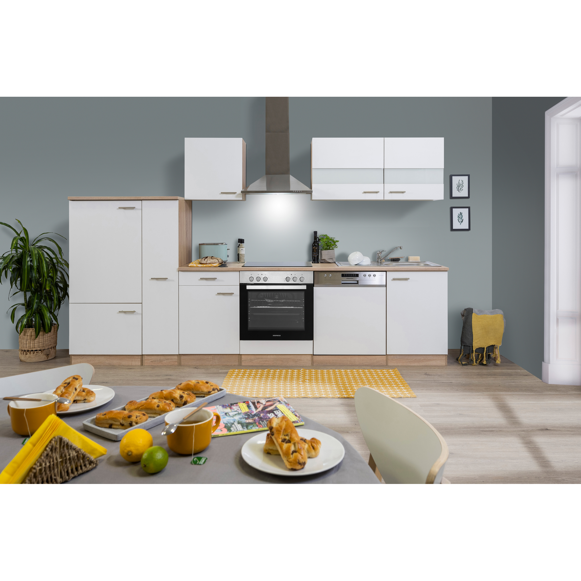 Küchenzeile 'Merle' mit E-Geräten KB310ESWC weiß/eichefarben 310 cm