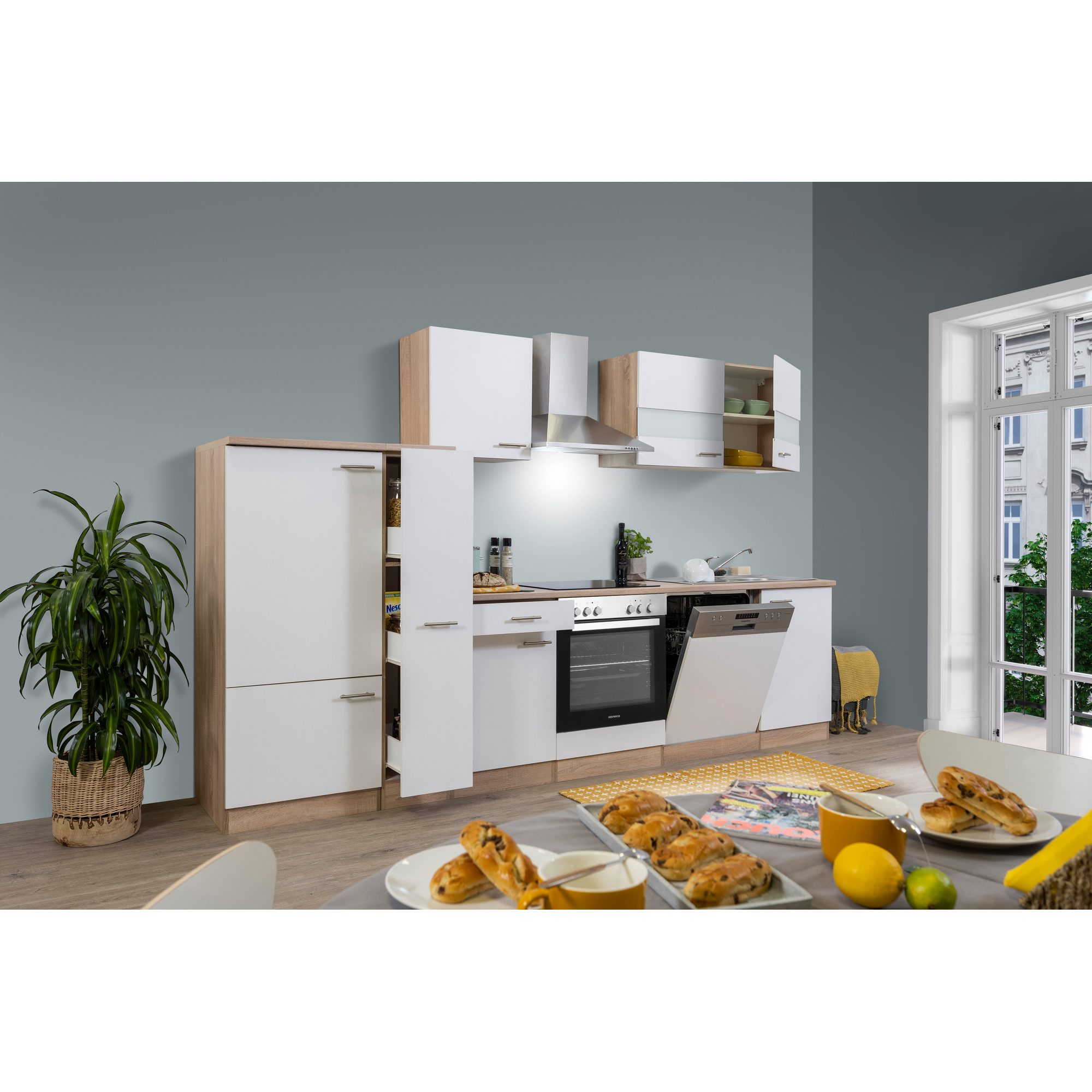 Küchenzeile 'Merle' mit E-Geräten KB310ESWC weiß/eichefarben 310 cm