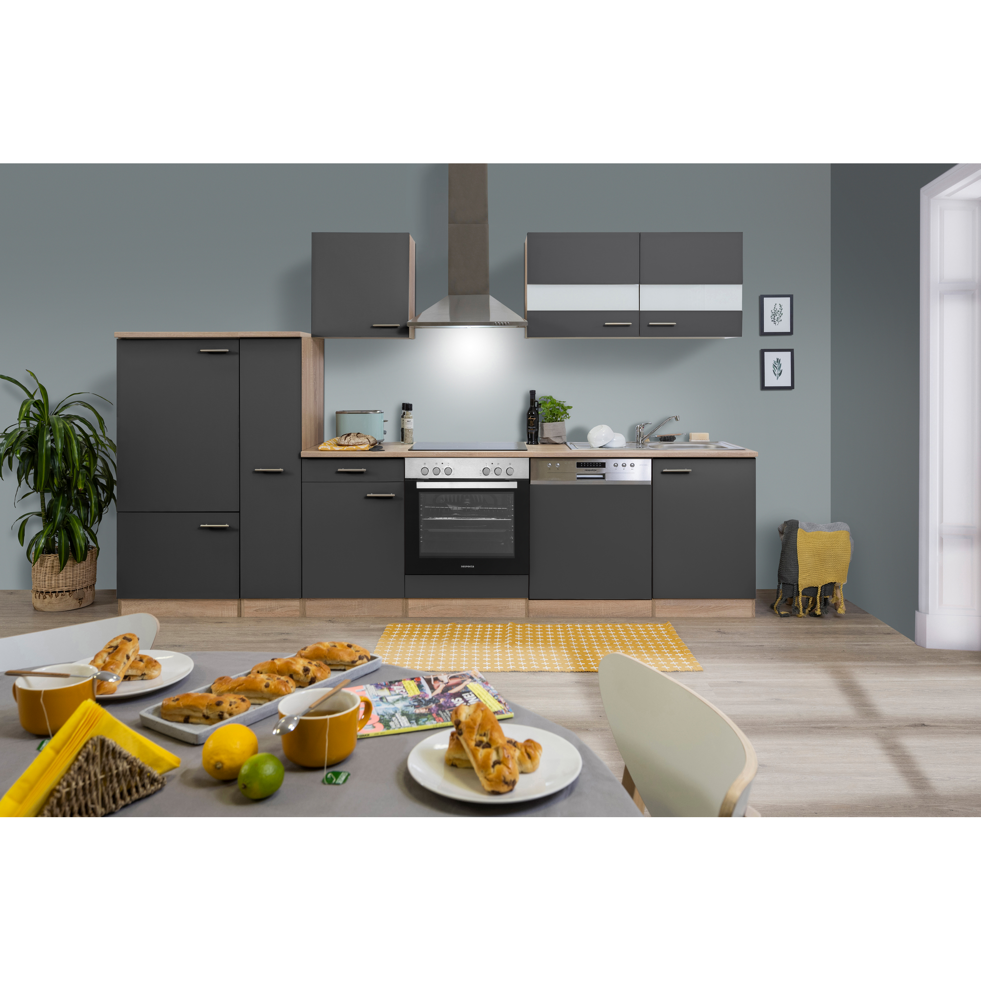 Küchenzeile 'Merle' mit E-Geräten KB310ESGC grau/eichefarben 310 cm