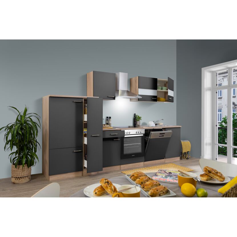 Küchenzeile 'Merle' mit E-Geräten KB310ESGC grau/eichefarben 310 cm