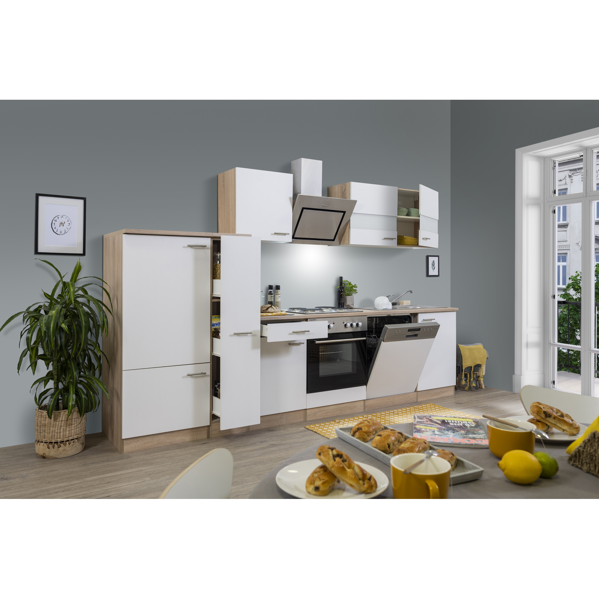 Küchenzeile 'Merle' mit E-Geräten KB310ESWS weiß/eichefarben 310 cm