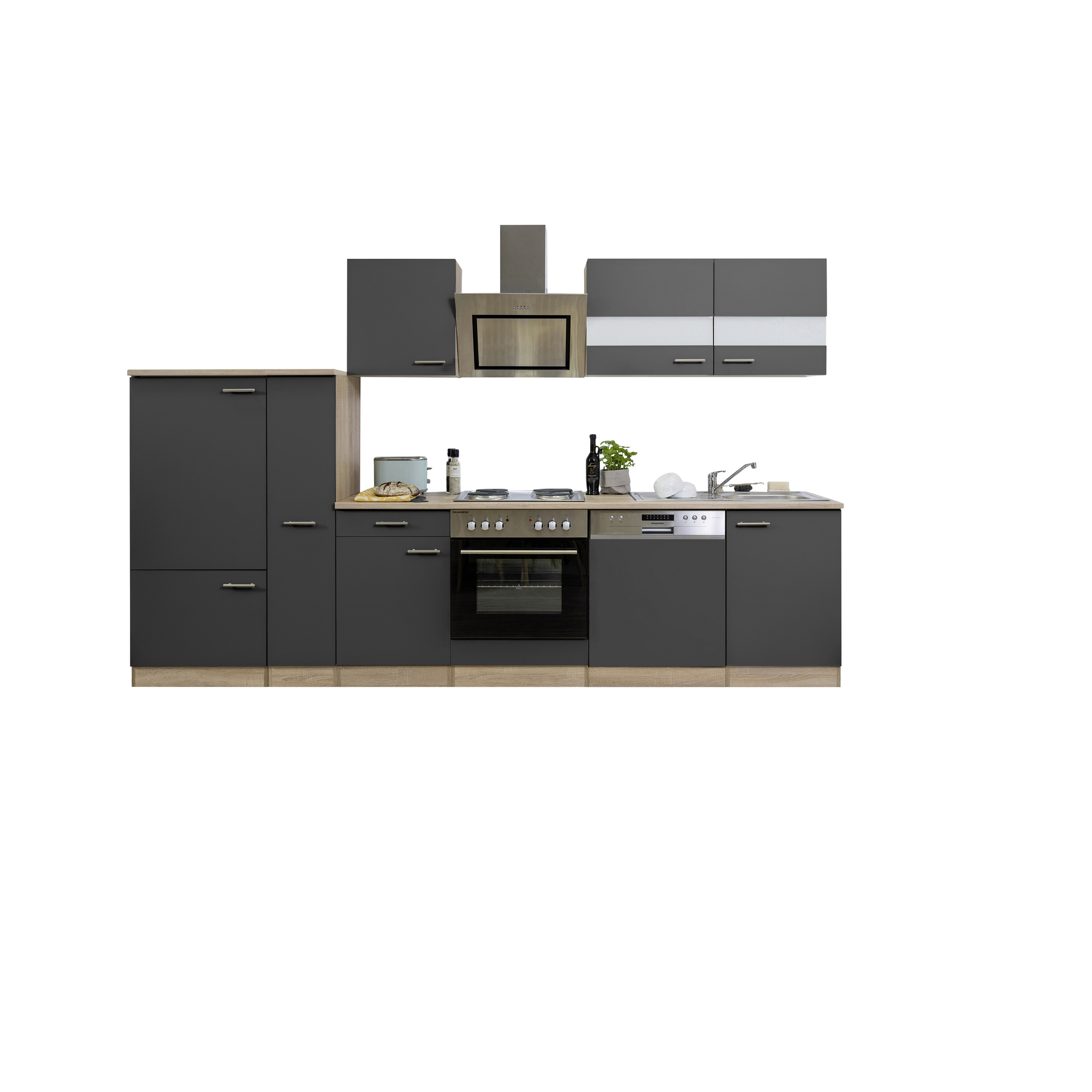 Küchenzeile 'Merle' mit E-Geräten KB310ESGS grau/eichefarben 310 cm
