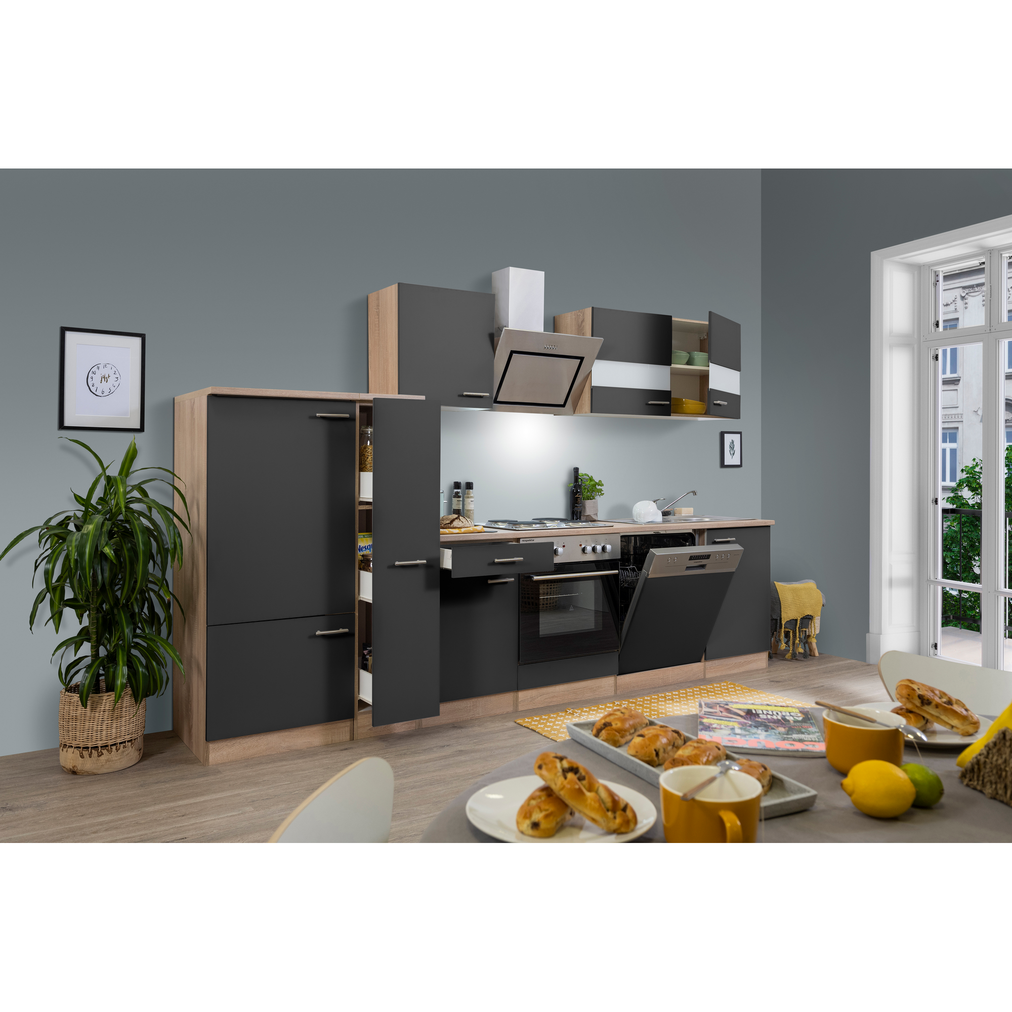 Küchenzeile 'Merle' mit E-Geräten KB310ESGS grau/eichefarben 310 cm