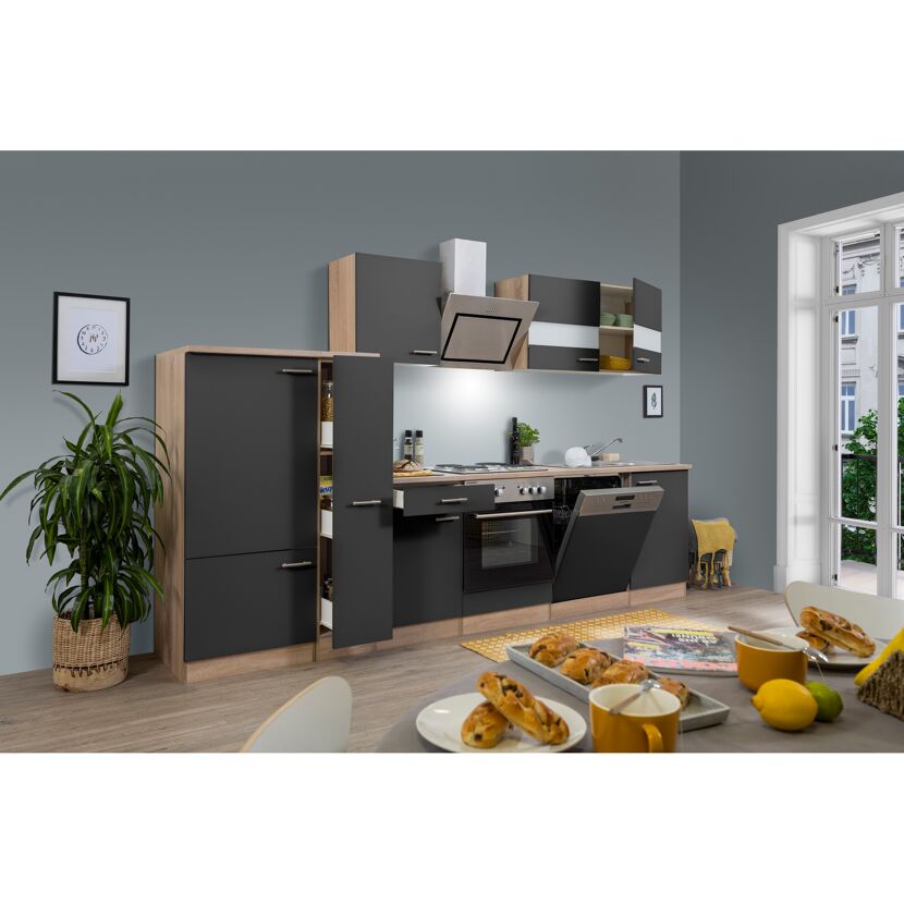 Küchenzeile 'Merle' mit E-Geräten KB310ESGS grau/eichefarben 310 cm