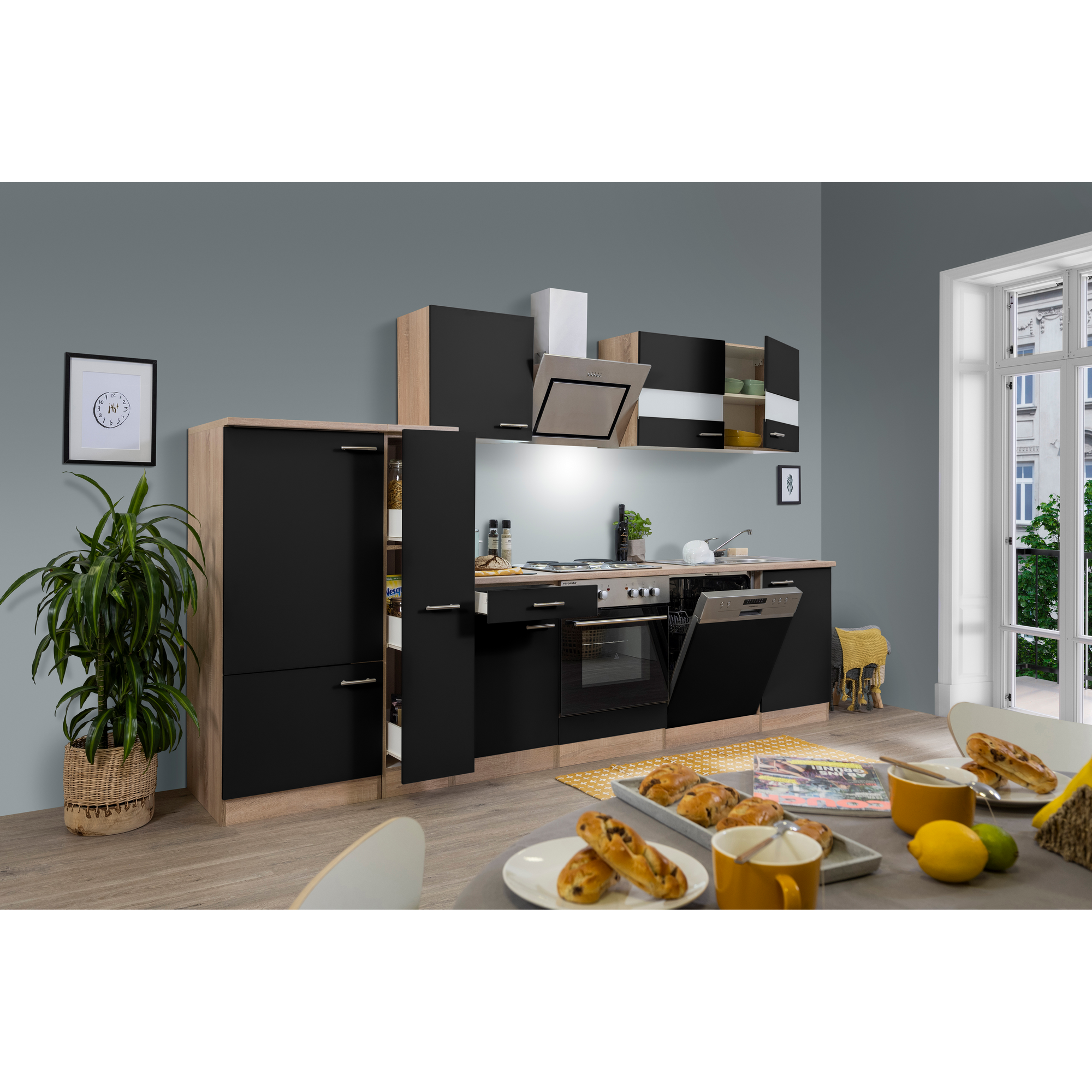 Küchenzeile 'Merle' mit E-Geräten KB310ESSS schwarz/eichefarben 310 cm