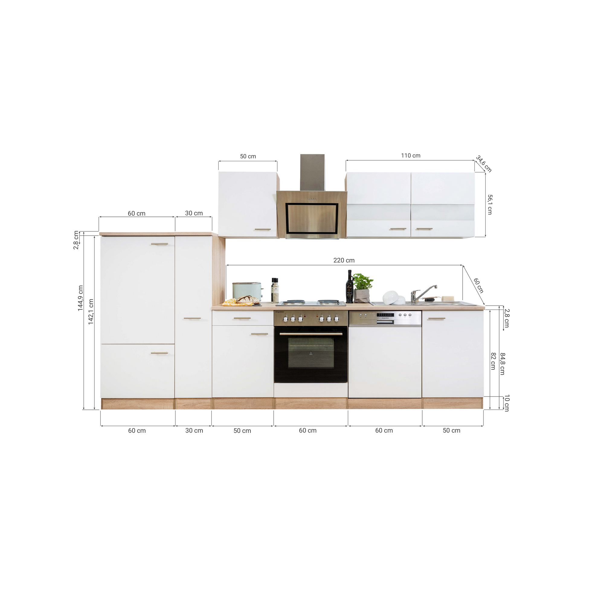 Küchenzeile 'Merle' mit E-Geräten KB310ESSS schwarz/eichefarben 310 cm