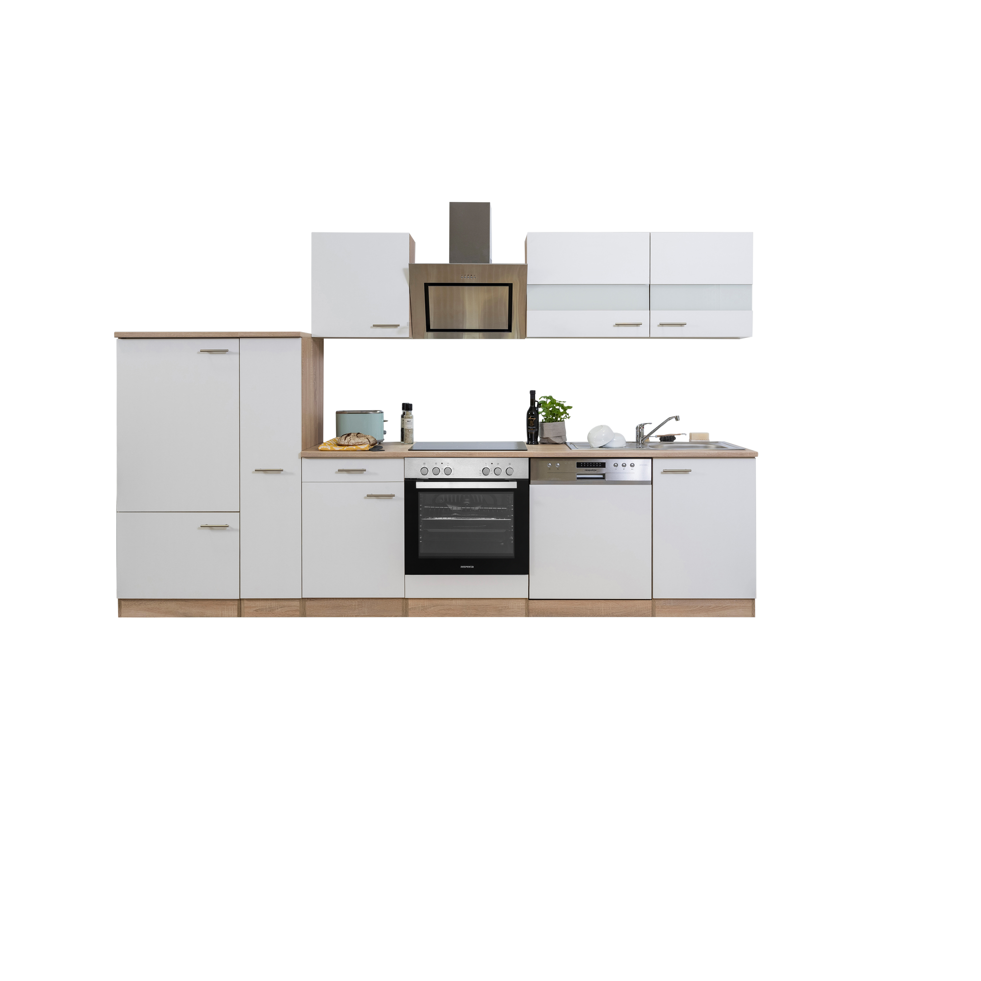 Küchenzeile 'Merle' mit E-Geräten KB310ESWSC weiß/eichefarben 310 cm