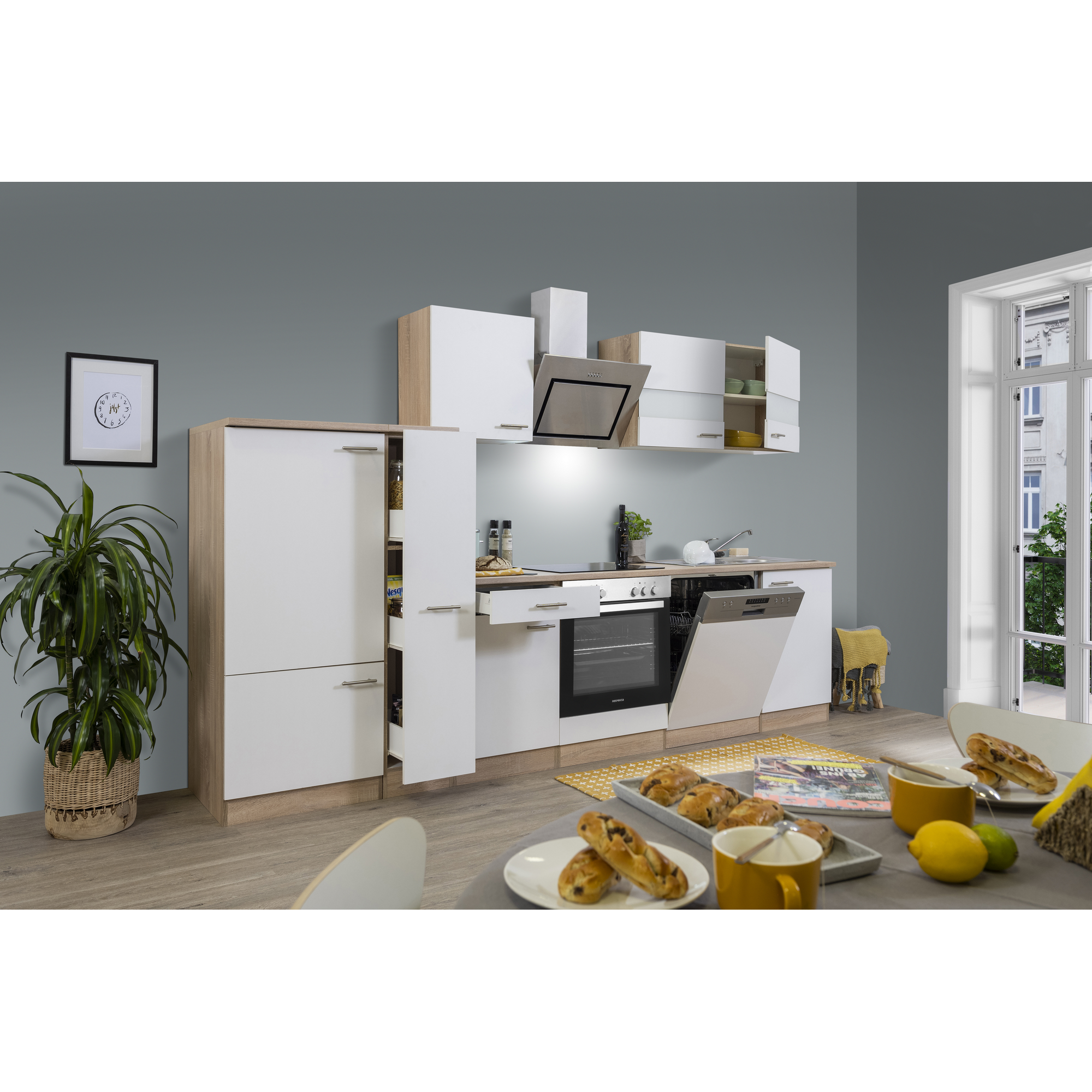 Küchenzeile 'Merle' mit E-Geräten KB310ESWSC weiß/eichefarben 310 cm