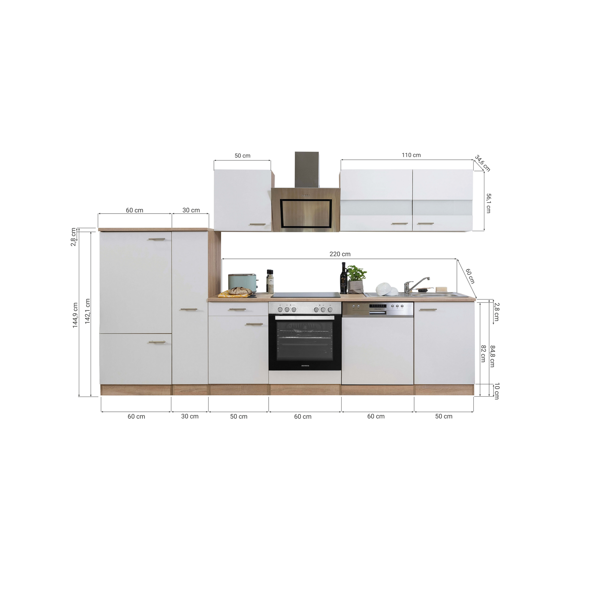 Küchenzeile 'Merle' mit E-Geräten KB310ESWSC weiß/eichefarben 310 cm