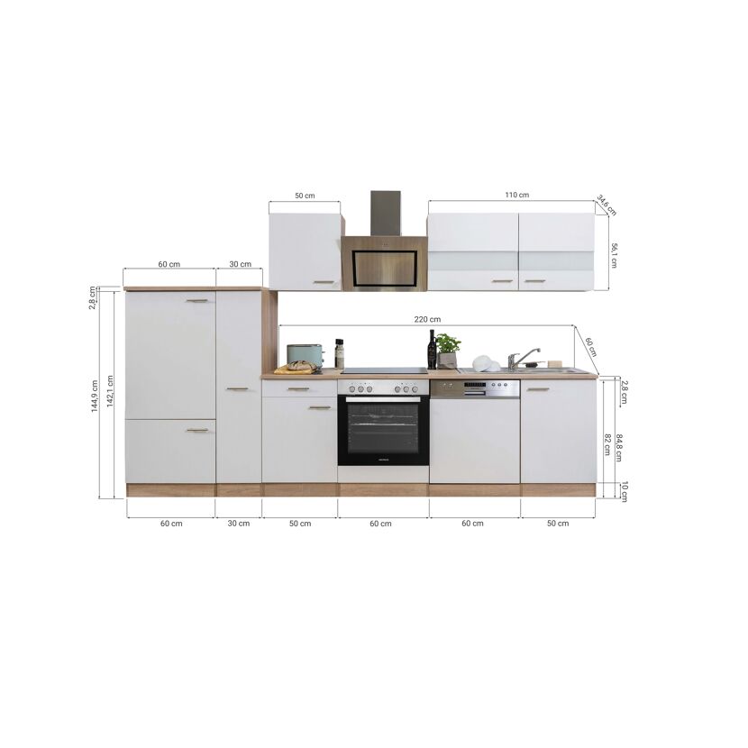 Küchenzeile 'Merle' mit E-Geräten KB310ESWSC weiß/eichefarben 310 cm