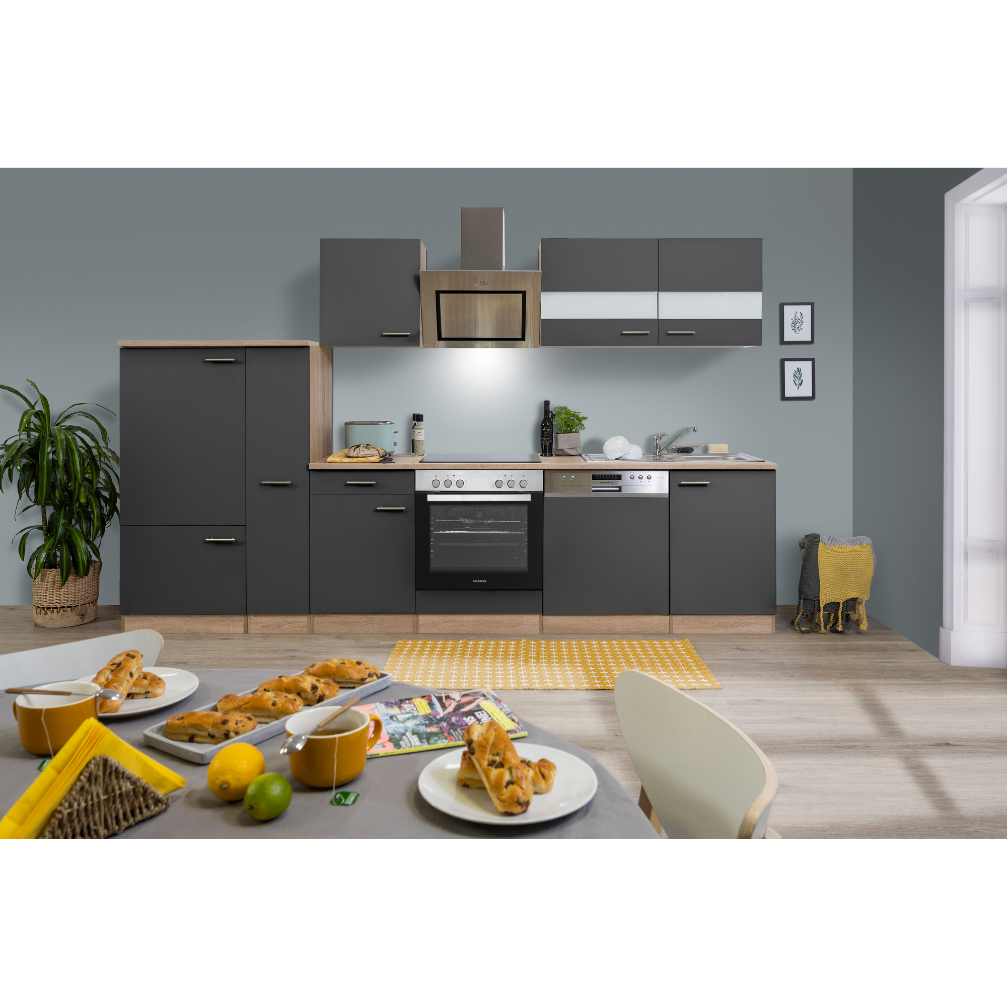 Küchenzeile 'Merle' mit E-Geräten KB310ESGSC grau/eichefarben 310 cm