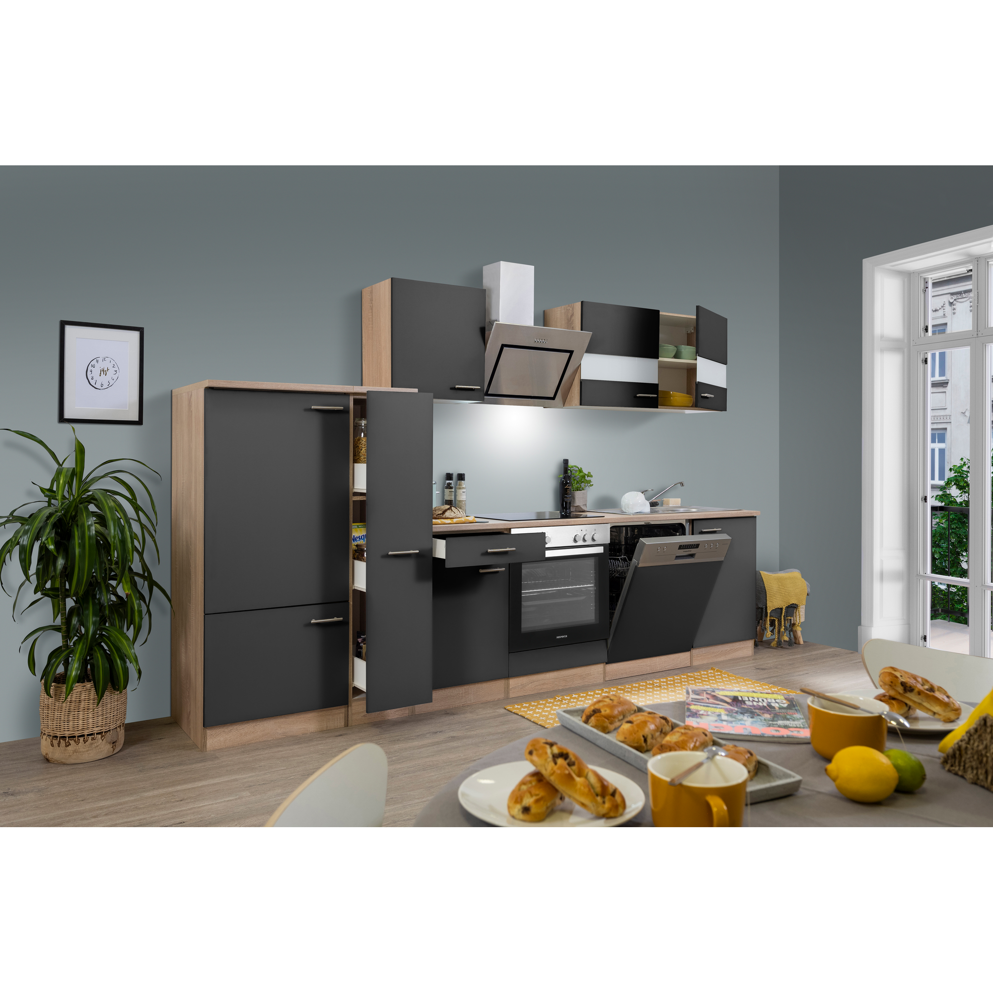 Küchenzeile 'Merle' mit E-Geräten KB310ESGSC grau/eichefarben 310 cm
