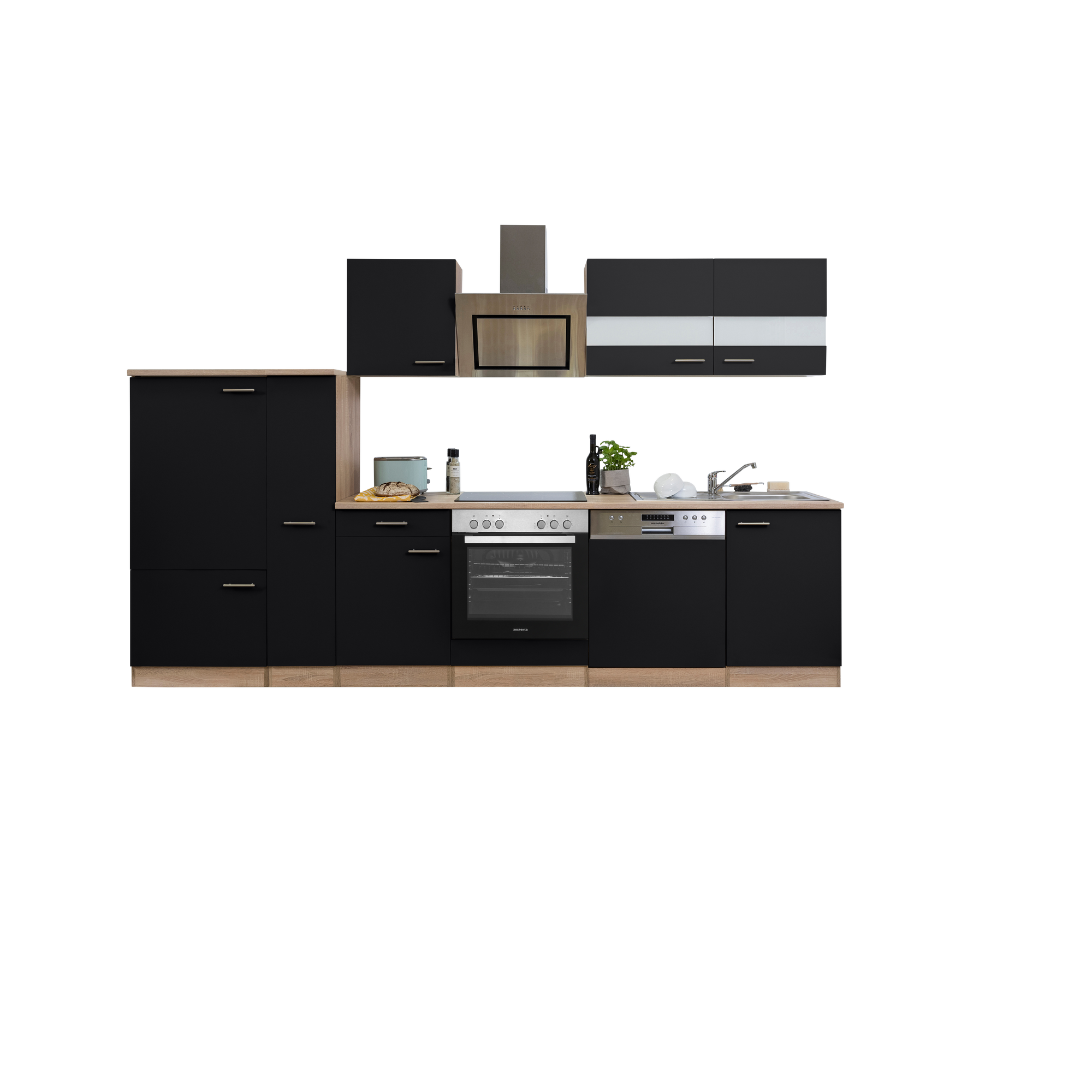 Küchenzeile 'Merle' mit E-Geräten KB310ESSSC schwarz/eichefarben 310 cm