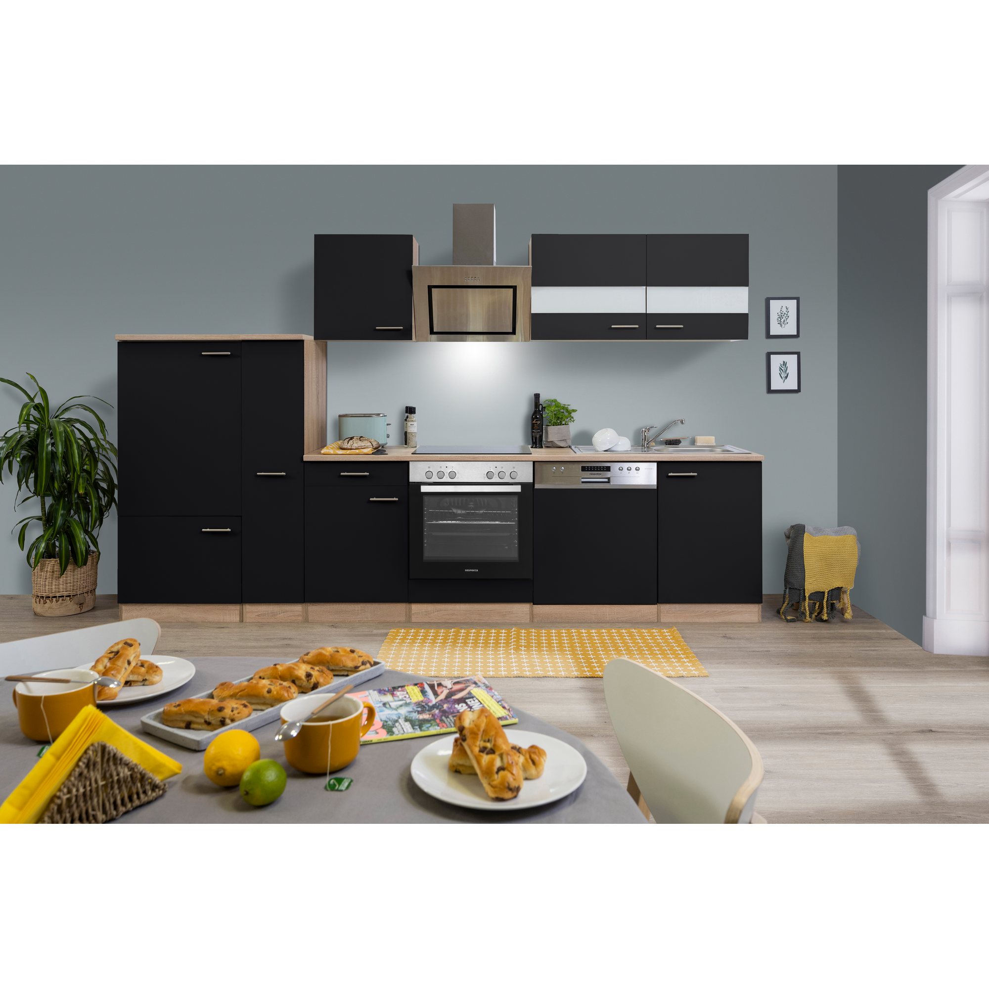 Küchenzeile 'Merle' mit E-Geräten KB310ESSSC schwarz/eichefarben 310 cm