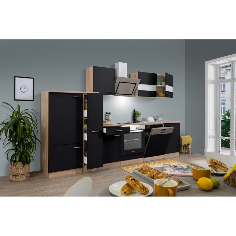 Küchenzeile 'Merle' mit E-Geräten KB310ESSSC schwarz/eichefarben 310 cm