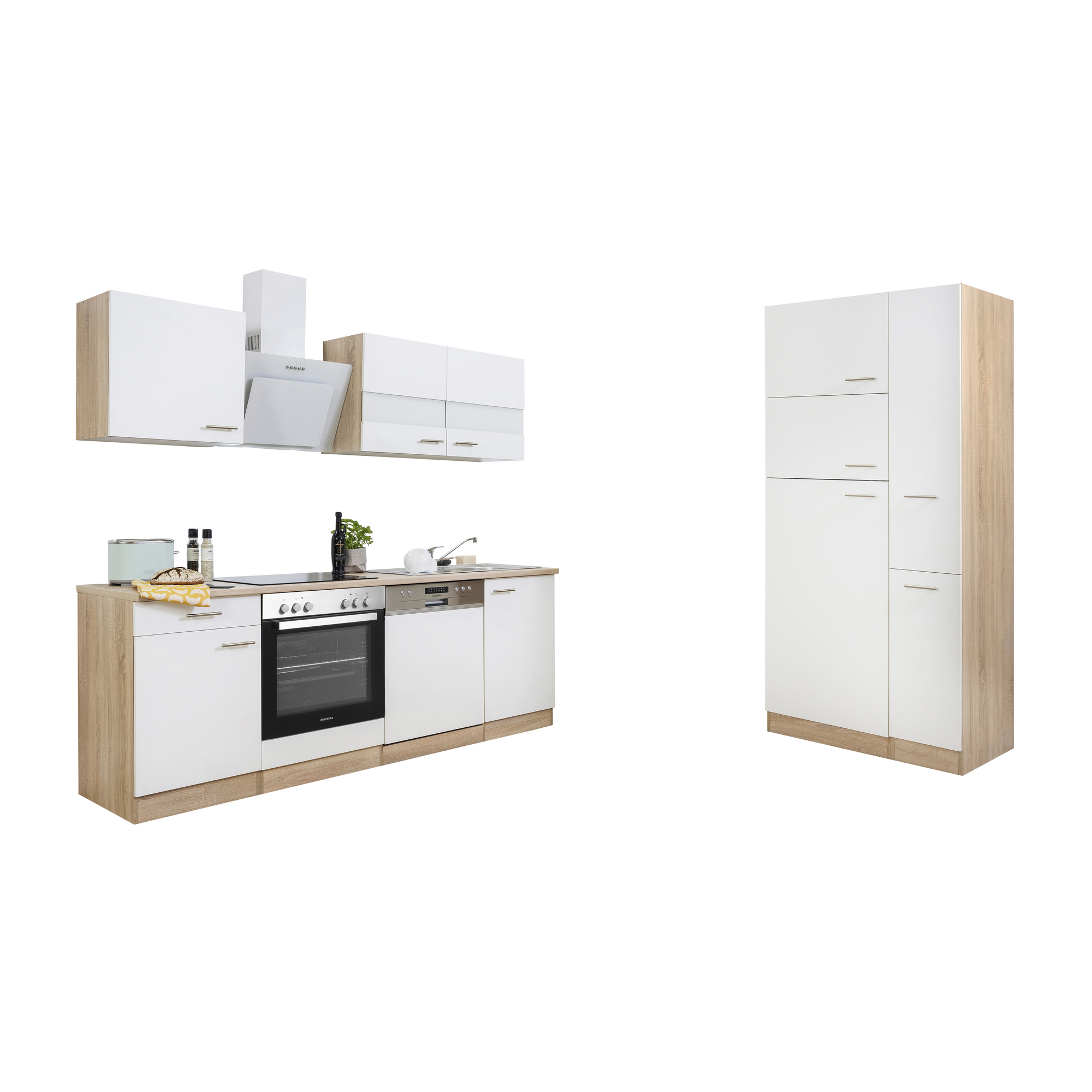 Küchenzeile 'Merle' mit E-Geräten KB310ESWCGKE weiß/eichefarben 310 cm