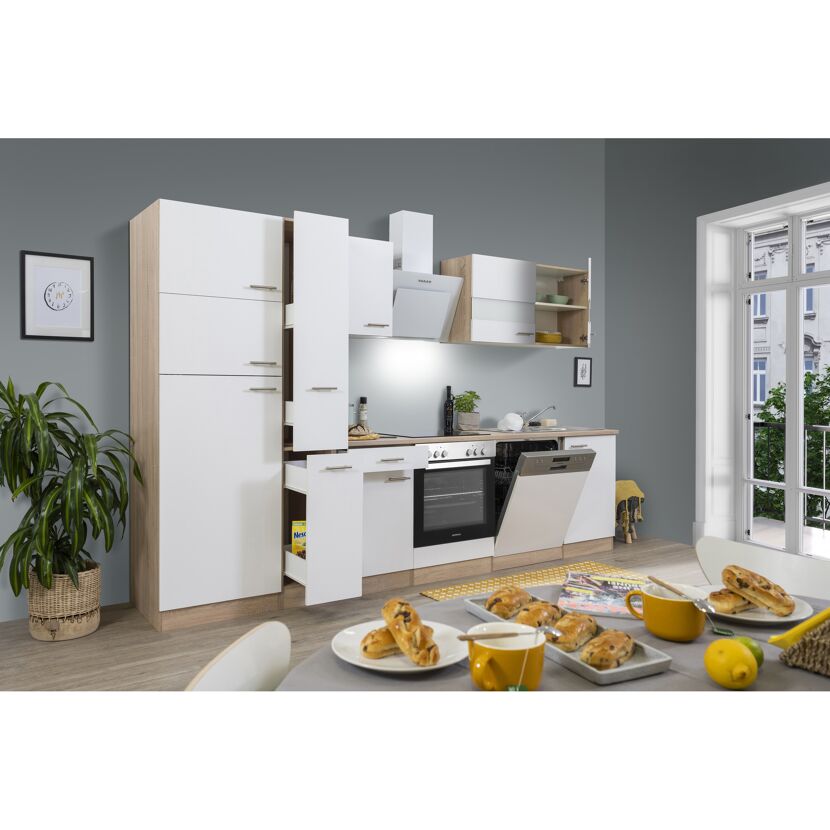 Küchenzeile 'Merle' mit E-Geräten KB310ESWCGKE weiß/eichefarben 310 cm