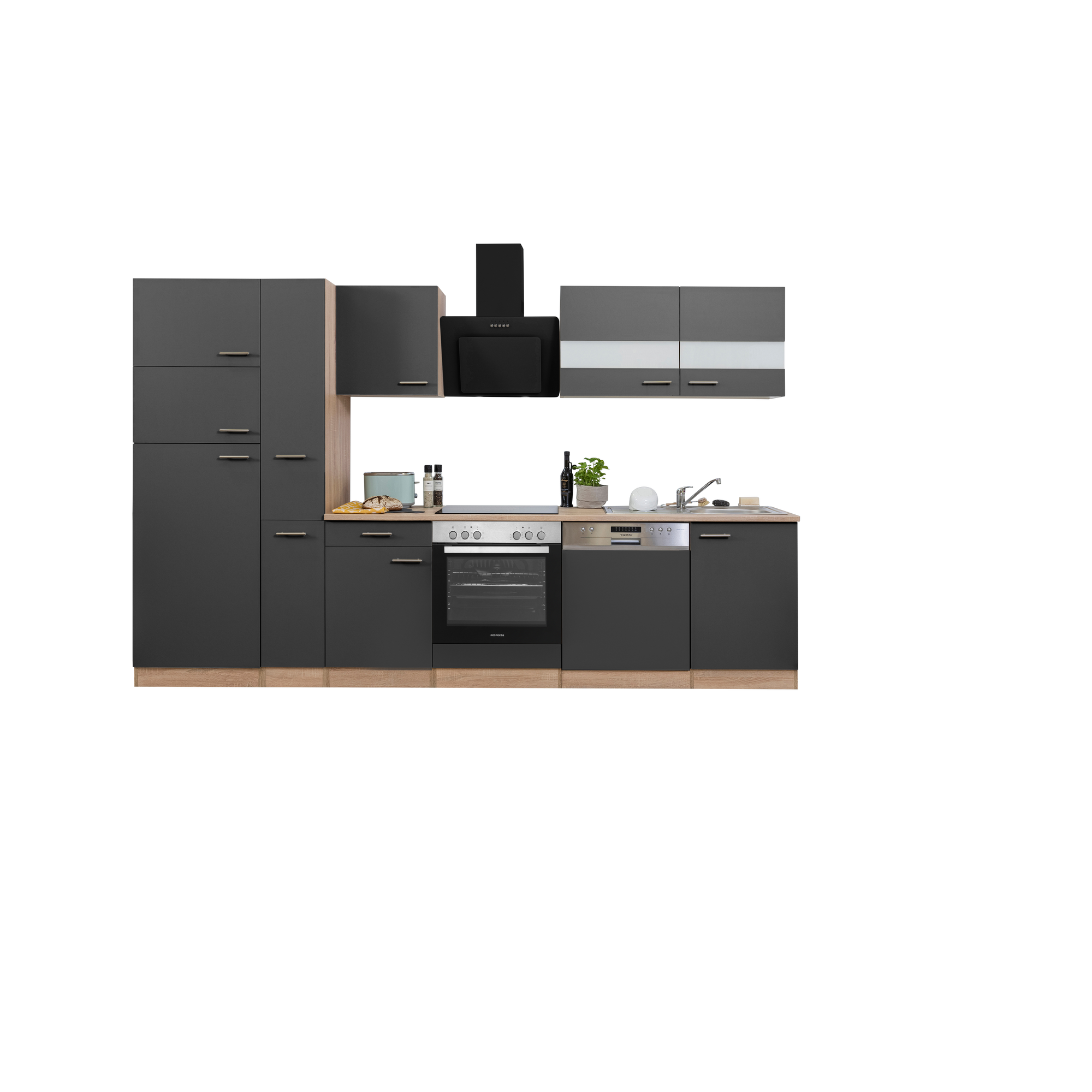 Küchenzeile 'Merle' mit E-Geräten KB310ESGCGKE grau/eichefarben 310 cm