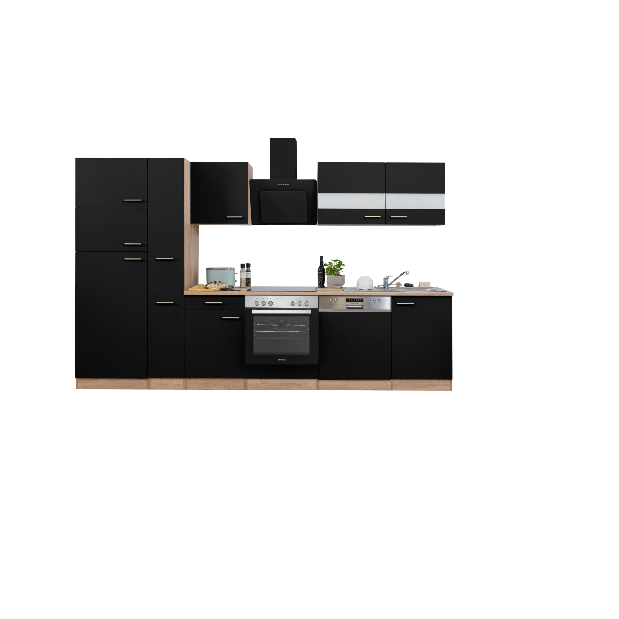 Küchenzeile 'Merle' mit E-Geräten B310ESSCGKE schwarz/eichefarben 310 cm