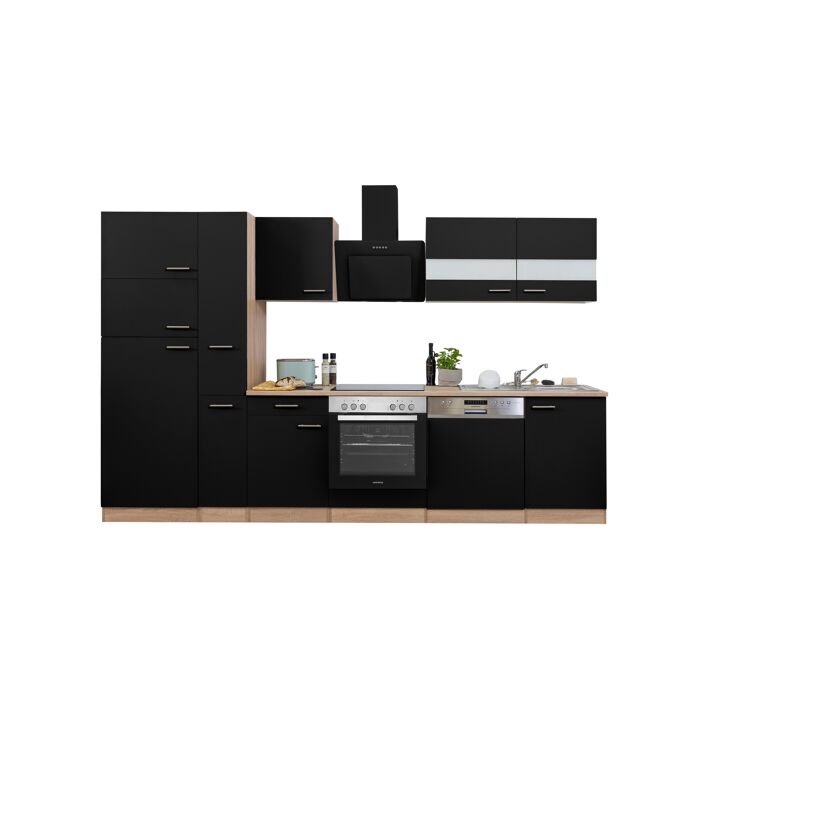 Küchenzeile 'Merle' mit E-Geräten B310ESSCGKE schwarz/eichefarben 310 cm