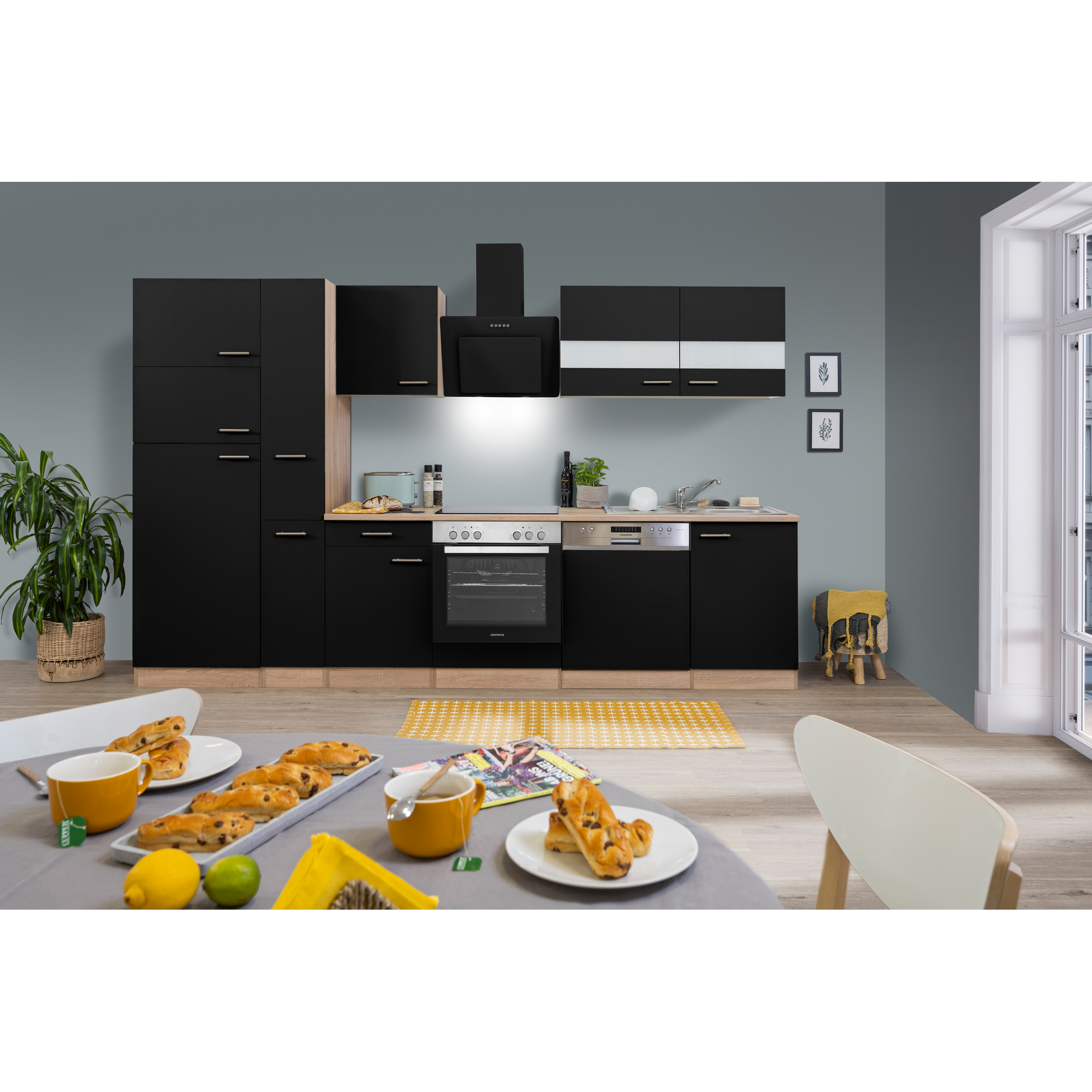 Küchenzeile 'Merle' mit E-Geräten B310ESSCGKE schwarz/eichefarben 310 cm