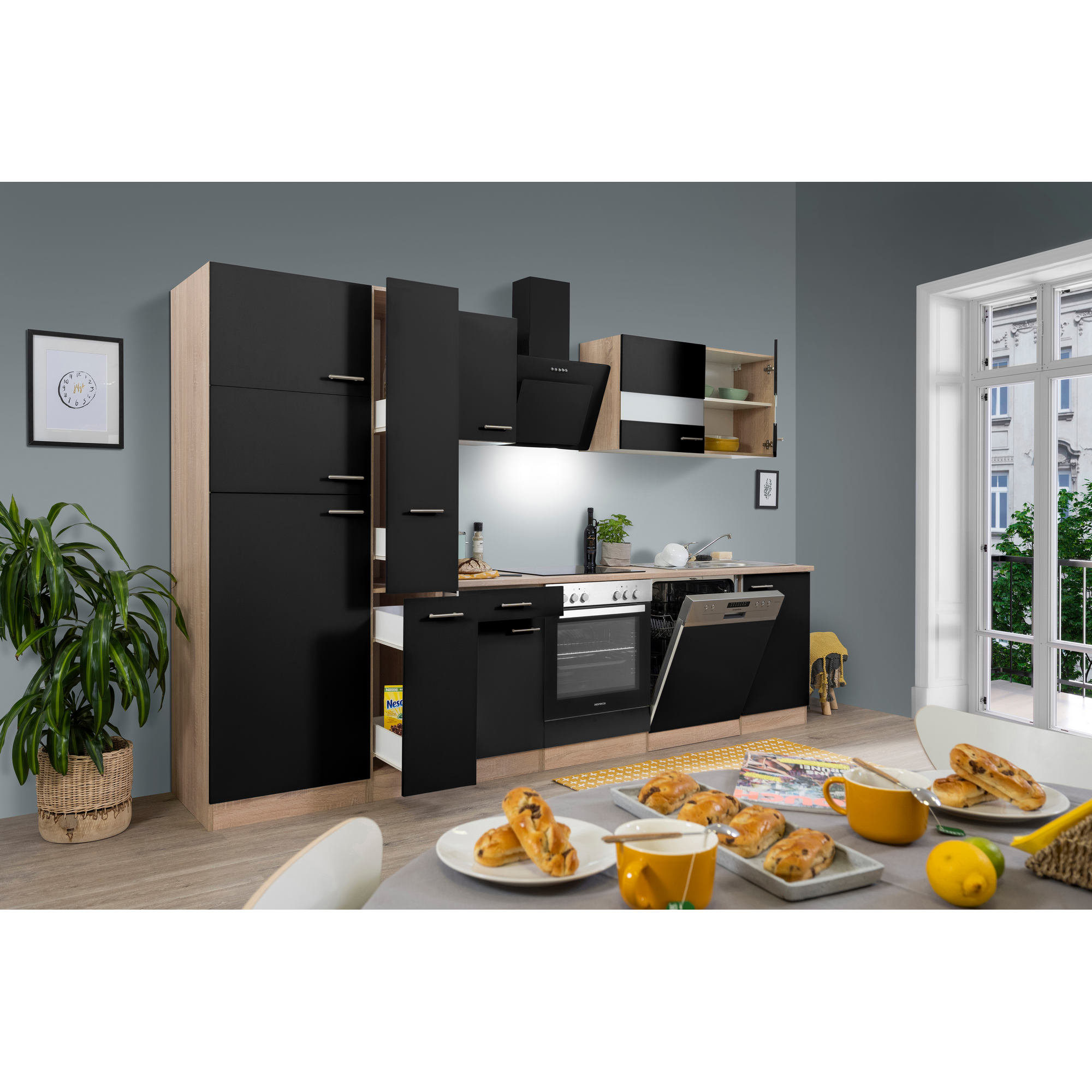 Küchenzeile 'Merle' mit E-Geräten B310ESSCGKE schwarz/eichefarben 310 cm