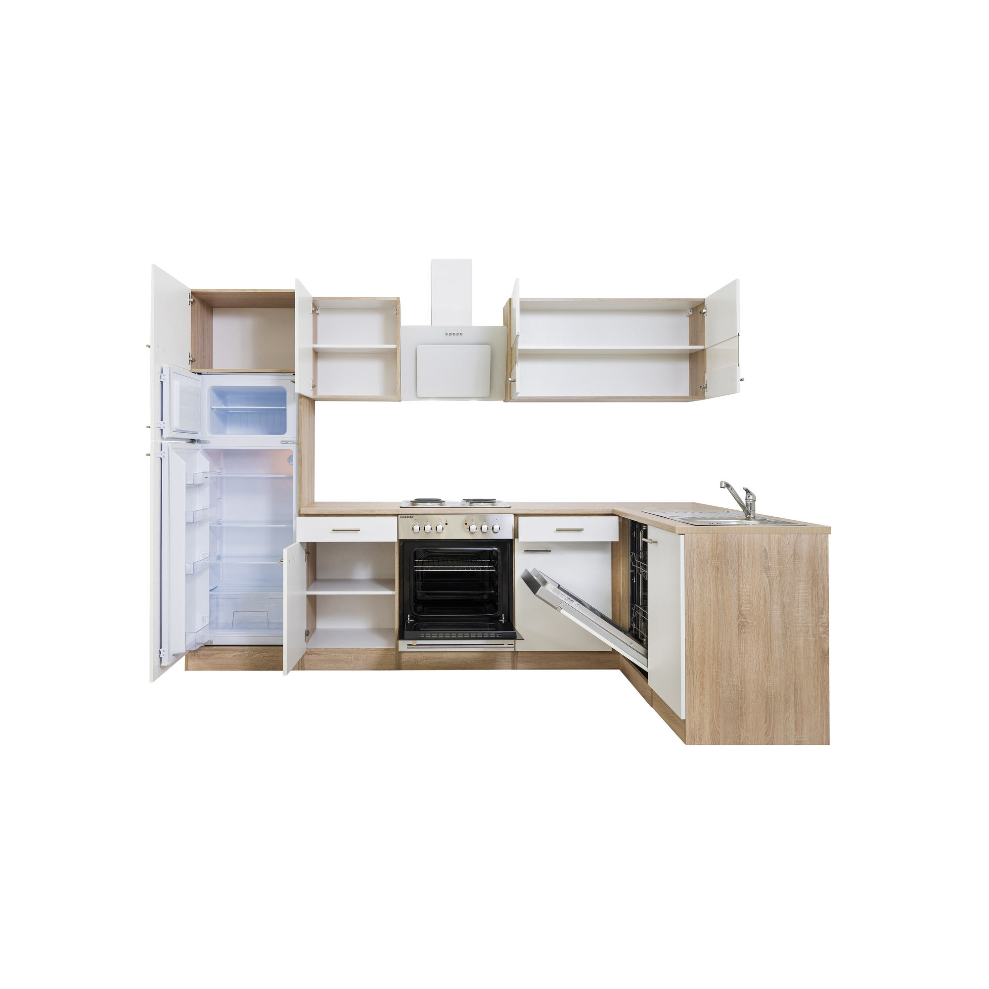 L-Küchenzeile 'Merle' mit E-Geräten KBL280ESWS weiß/eichefarben 280 cm